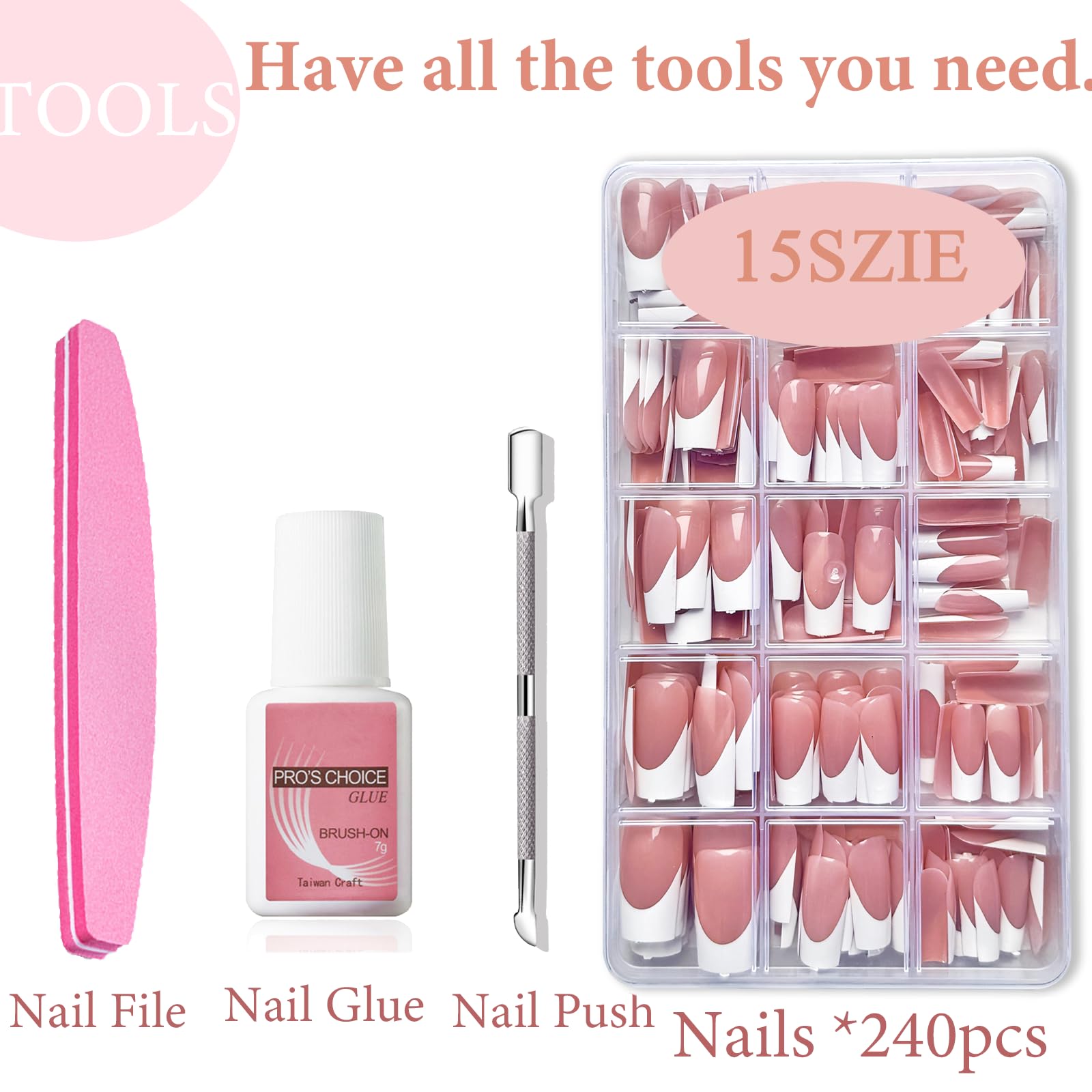 French False Nails - 240 Pcs Coffin Press on Nails Set - Fake Nails Nude Color French False Nail Kit - Full Cover Stick on Nails Ballerina Nail Art Manicure