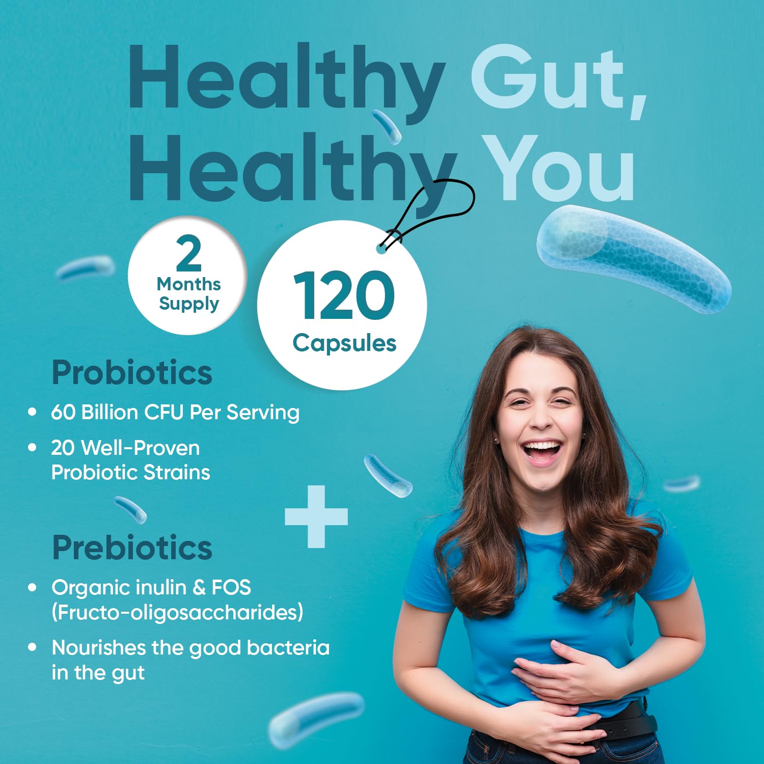 Bio Cultures Complex Probiotics & Prebiotics - 60 Billion CFU - 2 Months Supply - 120 Vegan Probiotic Complex Capsules for Adults - 20 Gut-Friendly Bacterial Cultures Like Lactobacillus Acidophilus