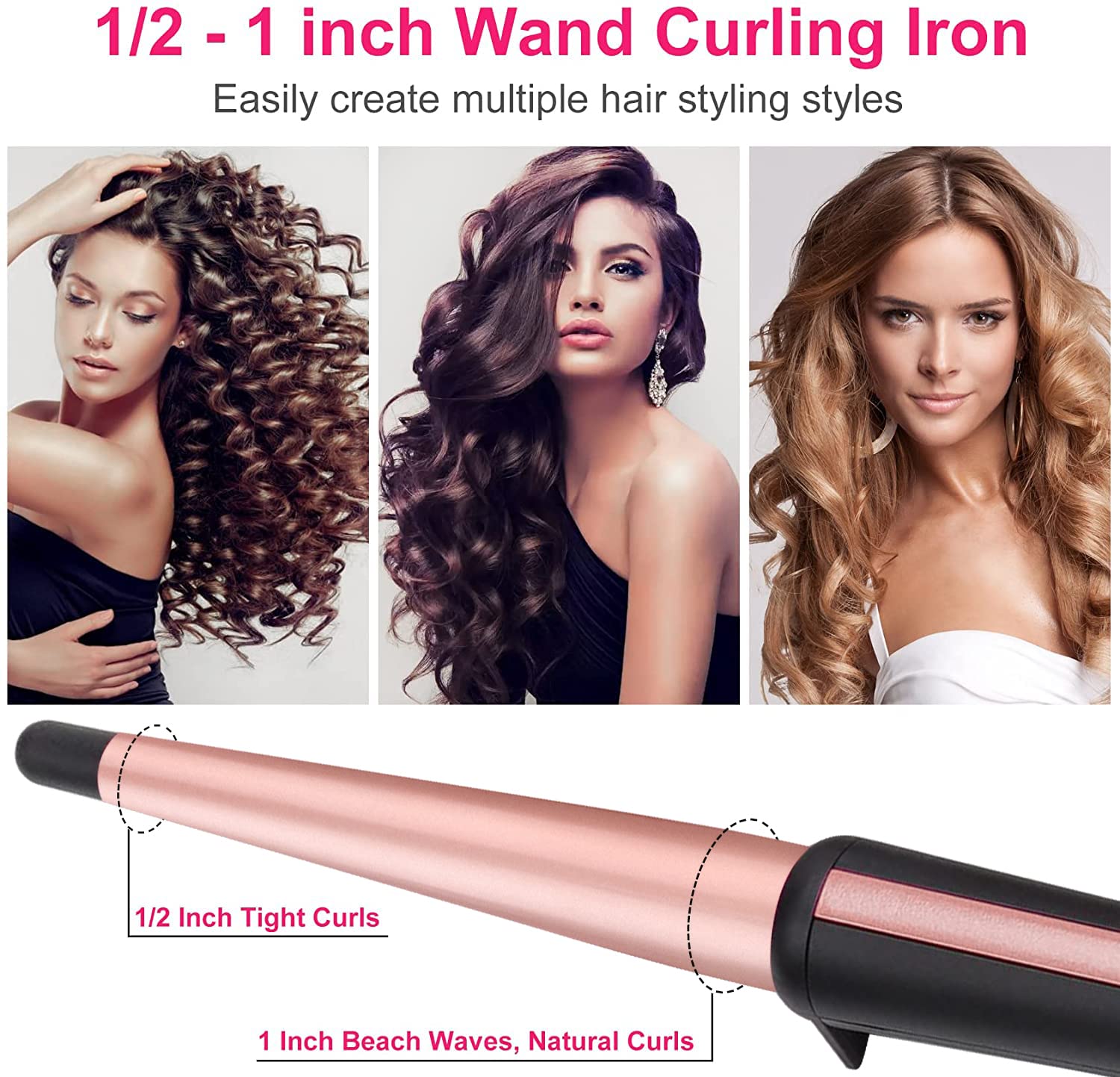 Hair Curling Wand, 13-25MM Tapered Curling Iron, Professional Ceramic Hair Curler Wand with Heat-Resistant Glove, Dual Voltage (Rose Gold)