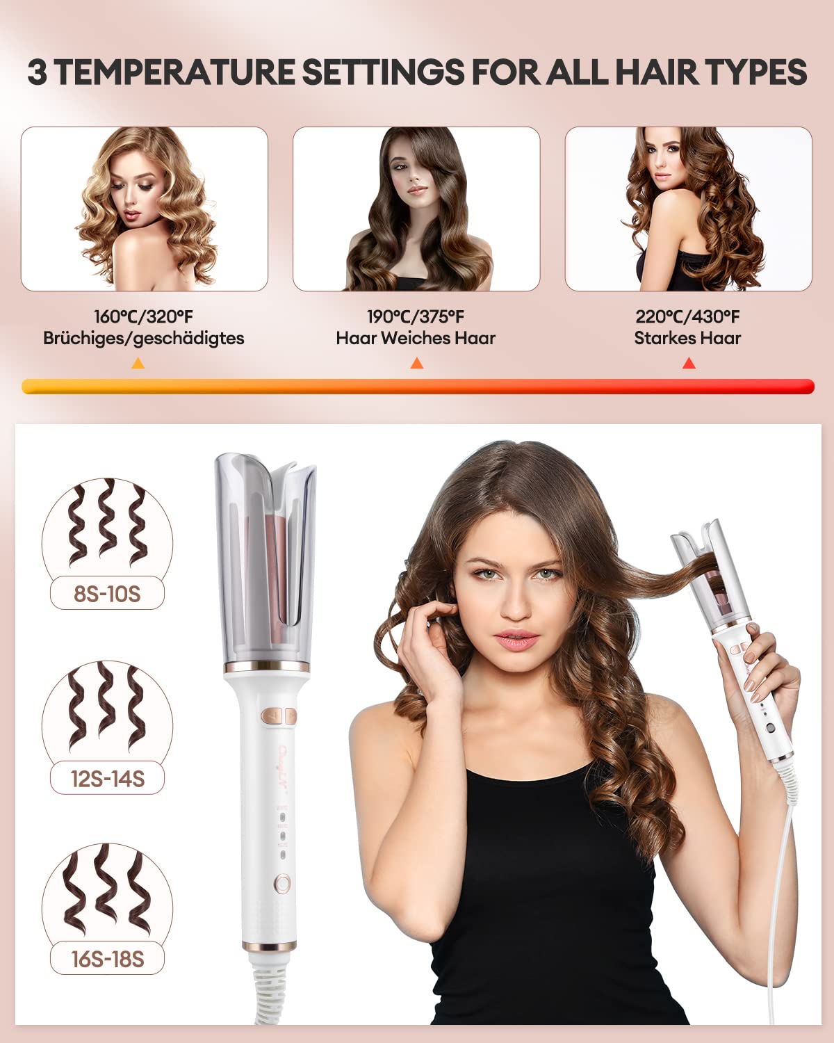 CkeyiN Automatic Hair Curler, 25mm Automatic Curling Iron Negative Ion Protection with 3-Speed Adjustable Temperature, Ceramic Rotating Curling Tongs 30s Fast Heating, Anti-Tangle for All Hair