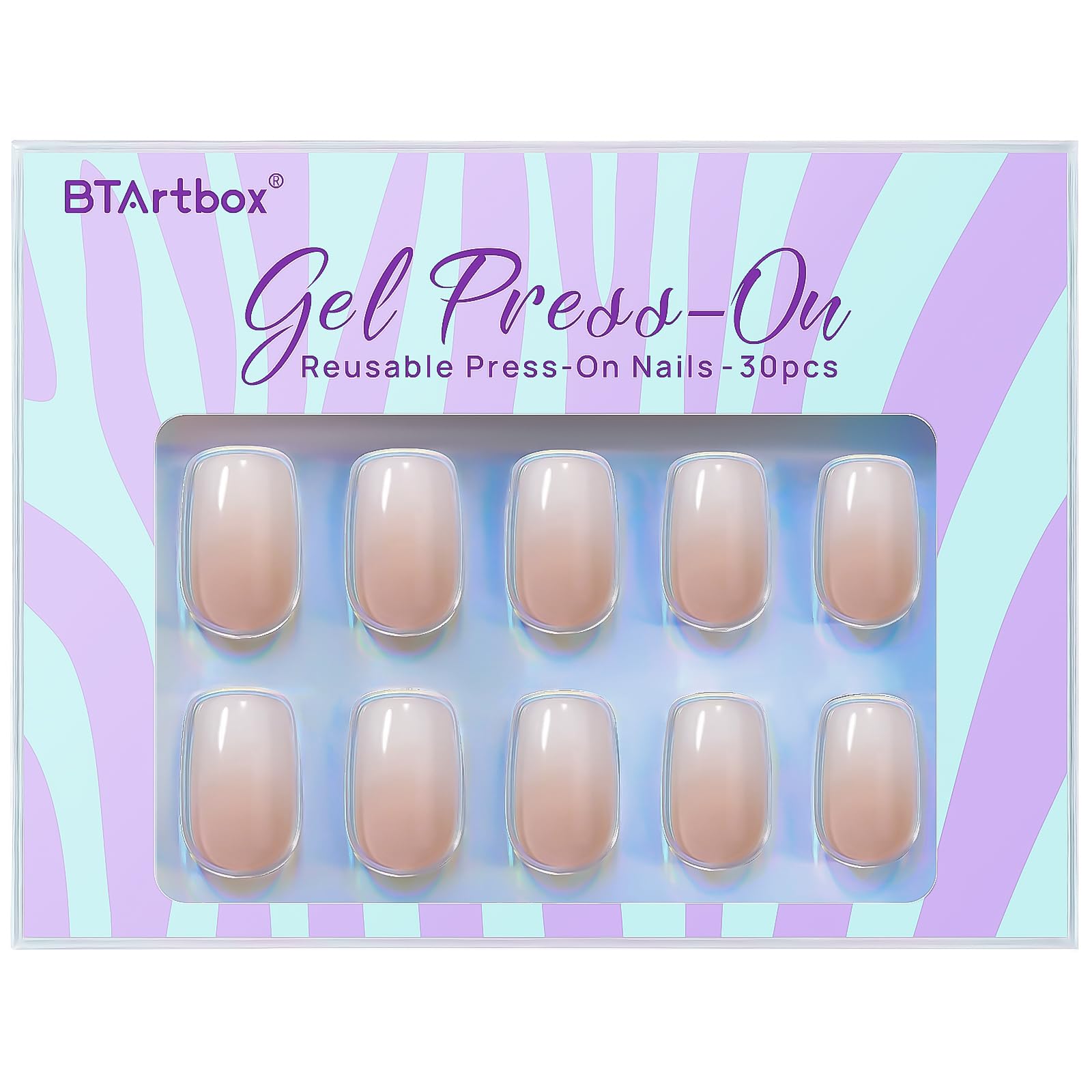 BTArtbox Press On Nails Short - 30 Pcs Ombre False Nails with Glue, Square Soft Gel Fake Nails in 15 Sizes, Natural & Reusable Stick on Nails for Women, Vanilla Cream