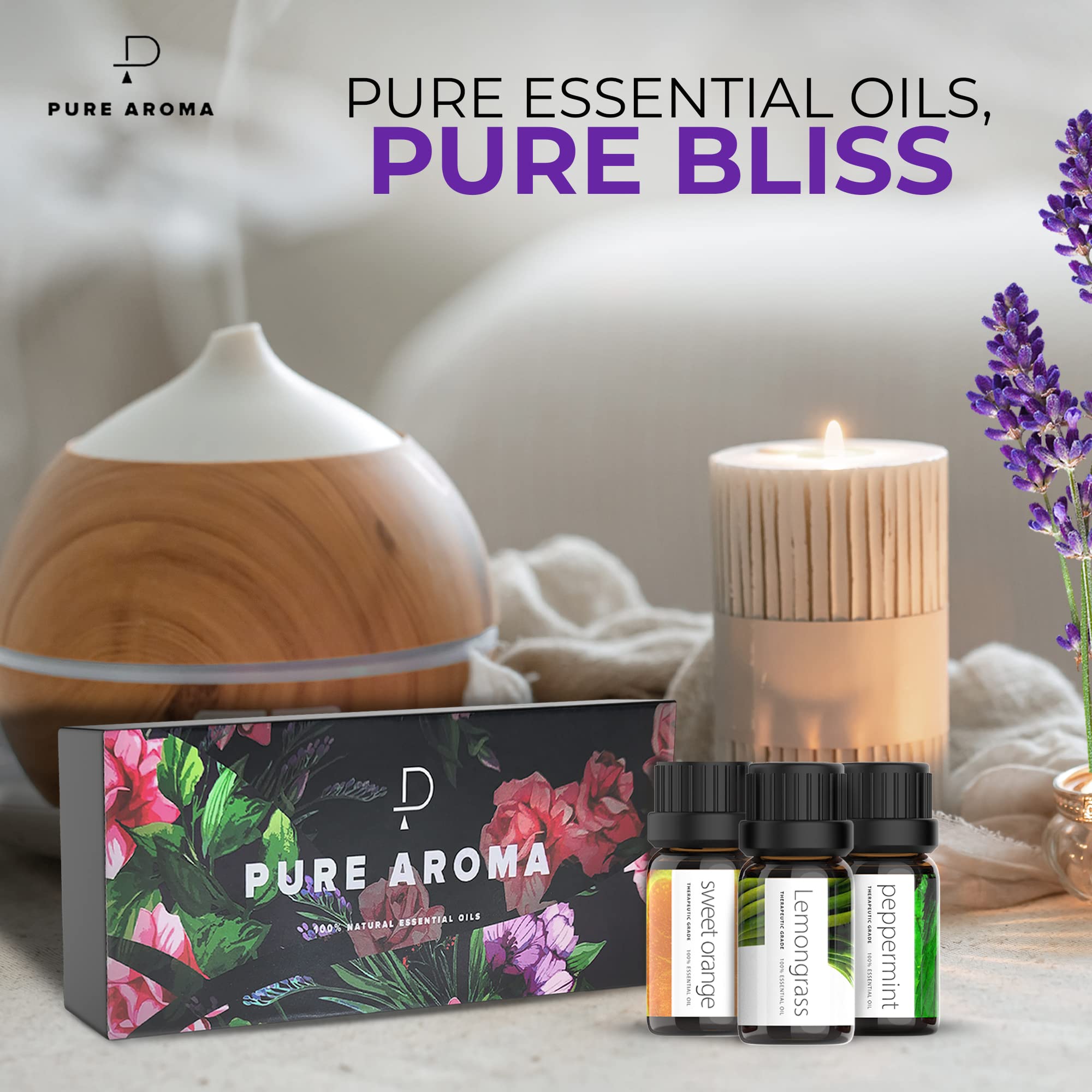 Essential Oils by Pure Aroma 100% Pure Therapeutic Grade Oils kit- Top 6 Aromatherapy Oils Gift Set-6 Pack, 10ML(Eucalyptus, Lavender, Lemon Grass, Orange, Peppermint, Tea Tree)