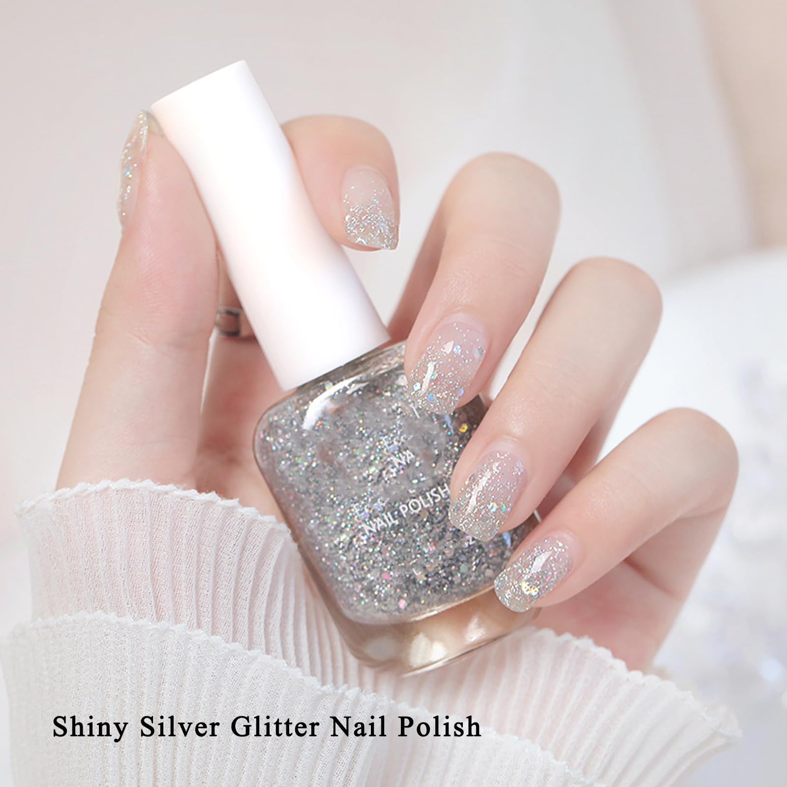 Glitter Nail Polish - Flash Shinny Silver Nail Varnish - Quick Drying & Long Lasting Nail Polish - Healthy Breathable Shiny Silver Glitter Nail Polish for Women, Teens - No UV Needed