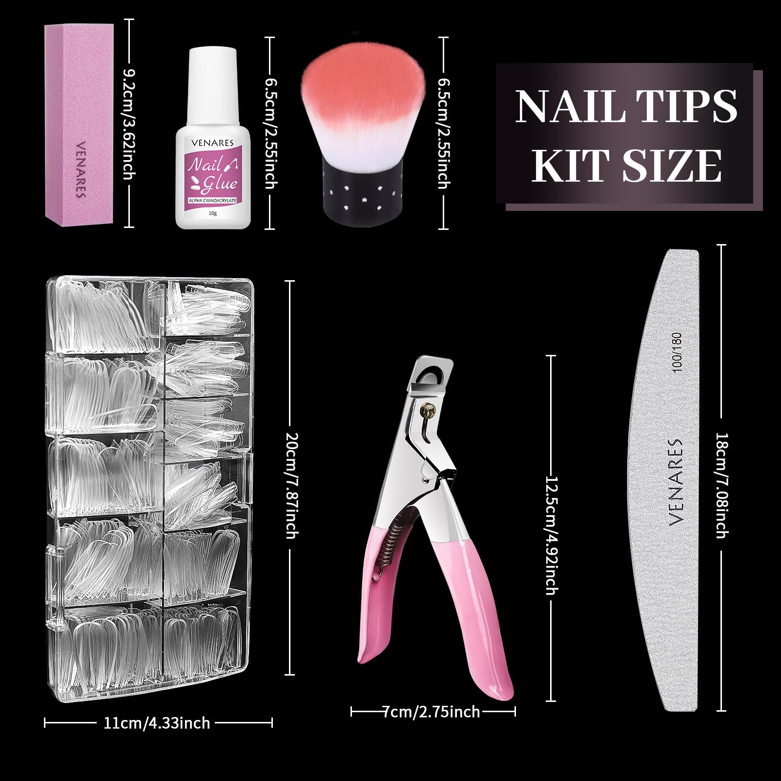 Clear False Nails with Glue, Venares 500 Pcs False Nail Tips 10 Size Acrylic Nails Tips and Glue Nails File Buffer Block Acrylic Nail Brush Nail Clipper, Fake Nails Set for Gel Extensions