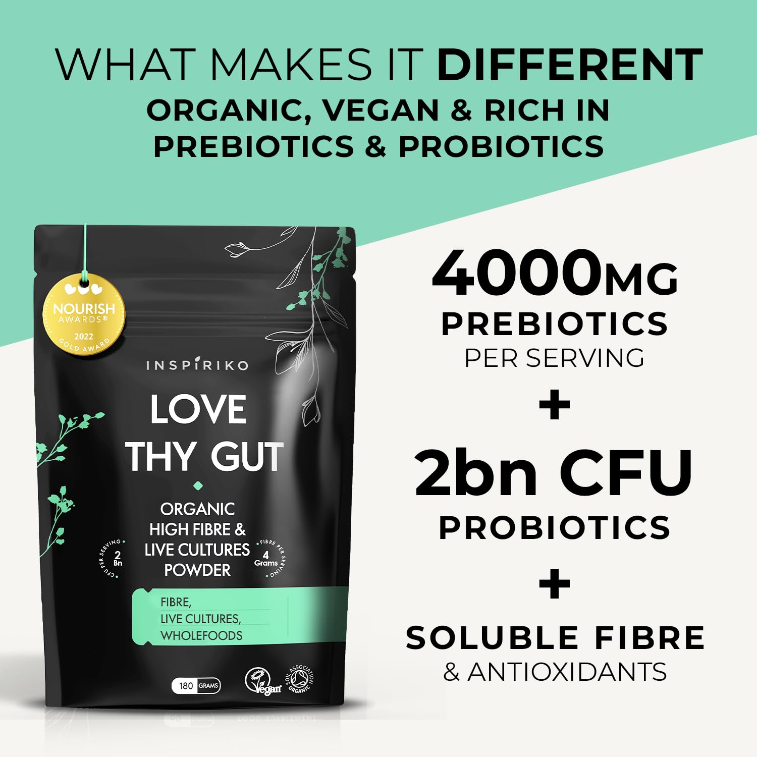 Organic 7-in-1 Prebiotics for Gut Health - Award Winning Gut Health Powder with 7 Superfoods High in Soluble Fibre, Live Cultures, Insoluble Fiber & 2 Billion CFU Probiotic Powder, 180g - by Inspiriko