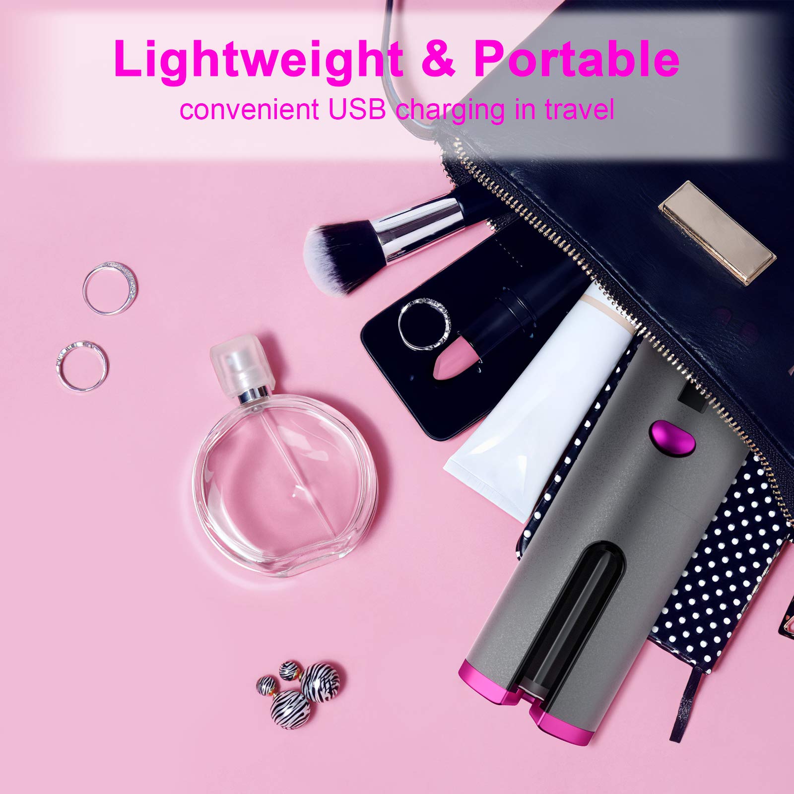 Fezax Wireless Auto Hair Curler with Adjustable Temperature and Timer, Automatic Cordless Curling Iron with LCD Display, Portable Rechargeable Rotating Fast Heating Hair Wand for style