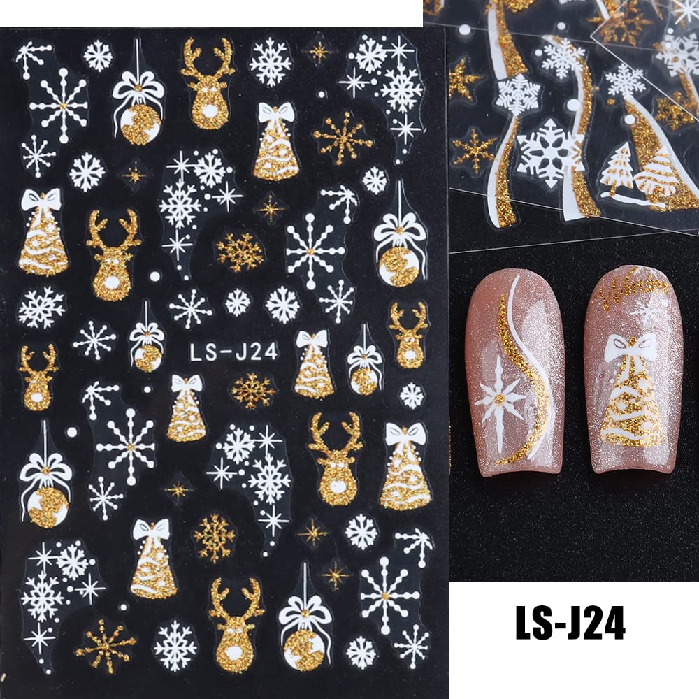 8 Sheets Christmas Nail Art Stickers Decals Self-Adhesive Gold Bling Glitter Reindeer Line Snowflake Nail Supplies Nail Art Design Decoration Accessories