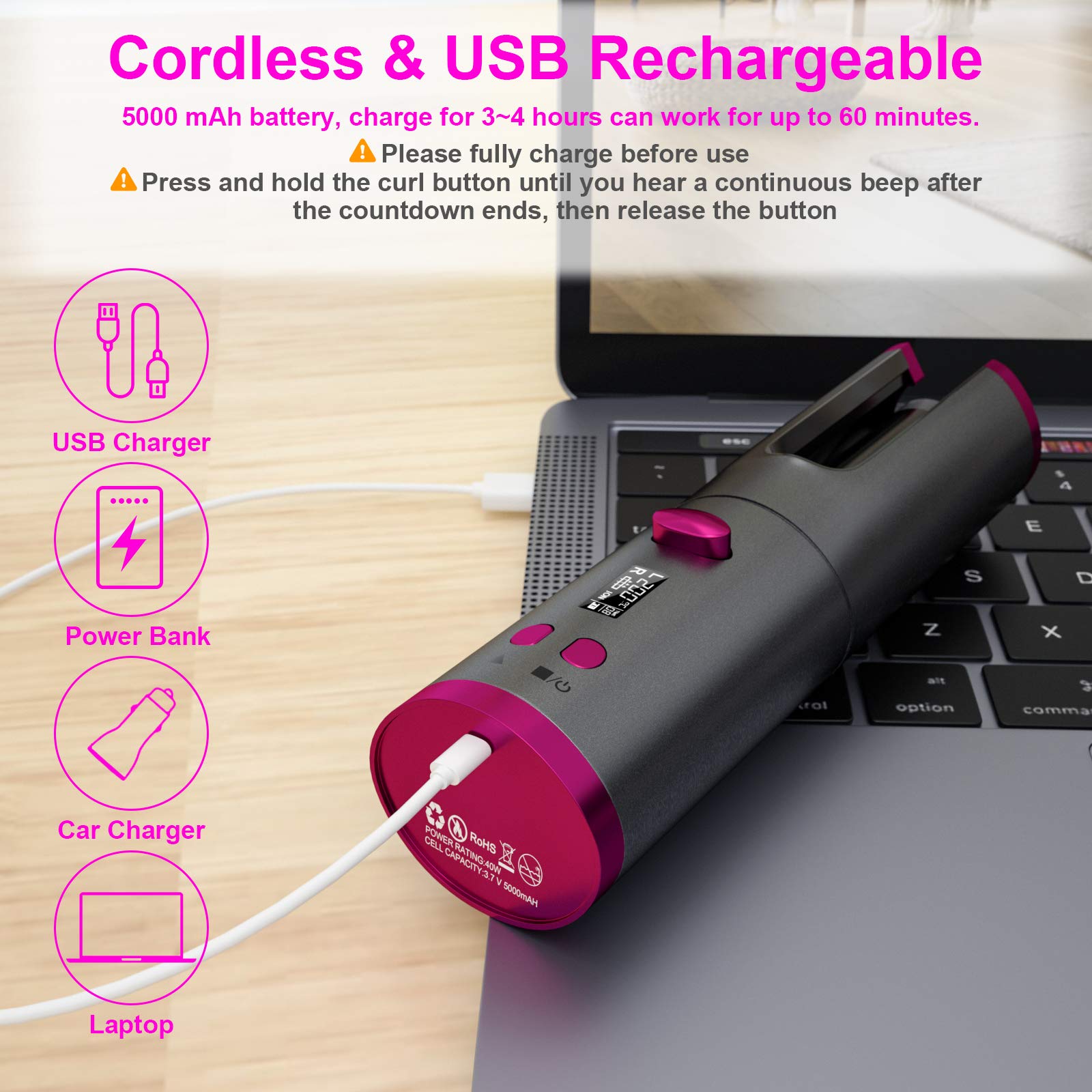 Fezax Wireless Auto Hair Curler with Adjustable Temperature and Timer, Automatic Cordless Curling Iron with LCD Display, Portable Rechargeable Rotating Fast Heating Hair Wand for style