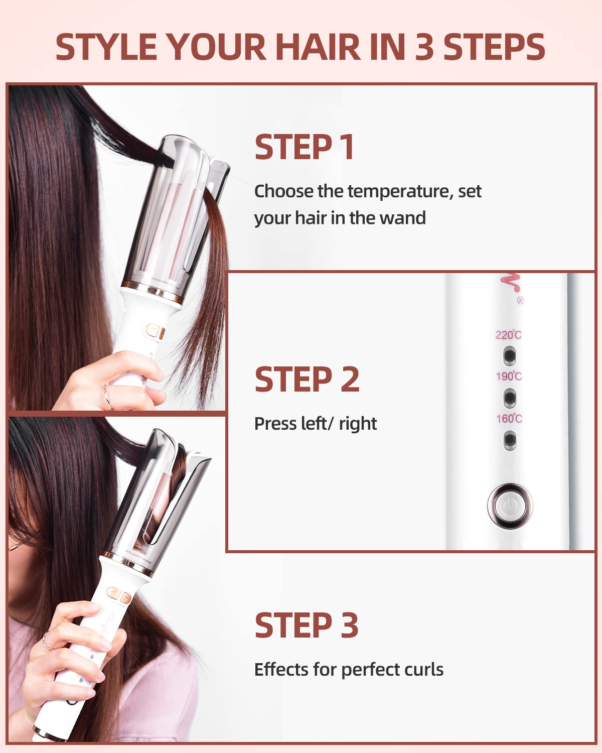 CkeyiN Automatic Hair Curler, 25mm Curling Tongs with 3-Speed Adjustable Temperature, Professional Anti-scalding Curling Iron for Long & Short Hair Styling, White, 1.0 Count