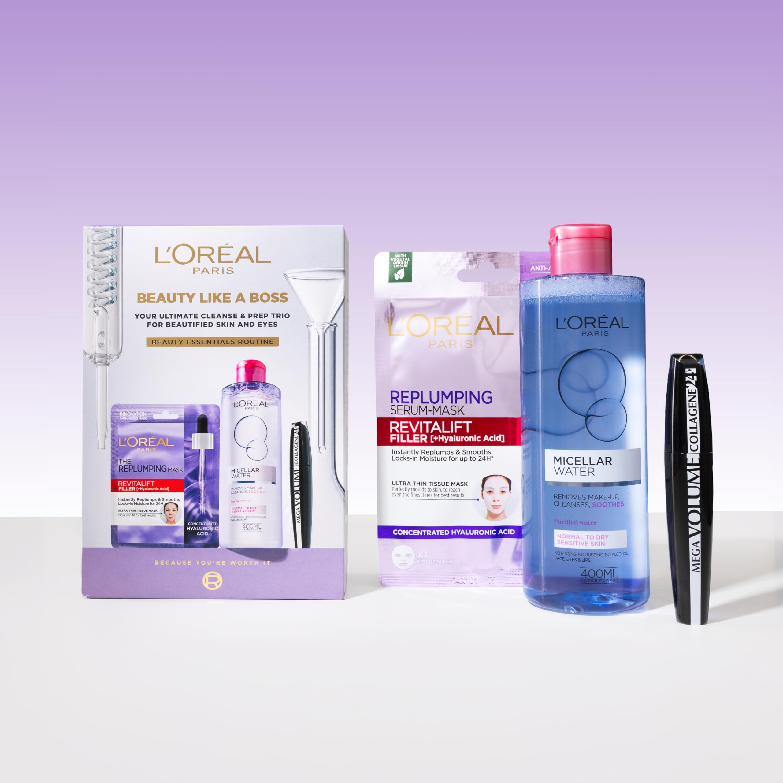 L'Oréal Paris Beauty Like A Boss Gift Set - Revitalift Filler Hyaluronic Acid Mask, Micellar Water & Mega Volume Mascara Brush