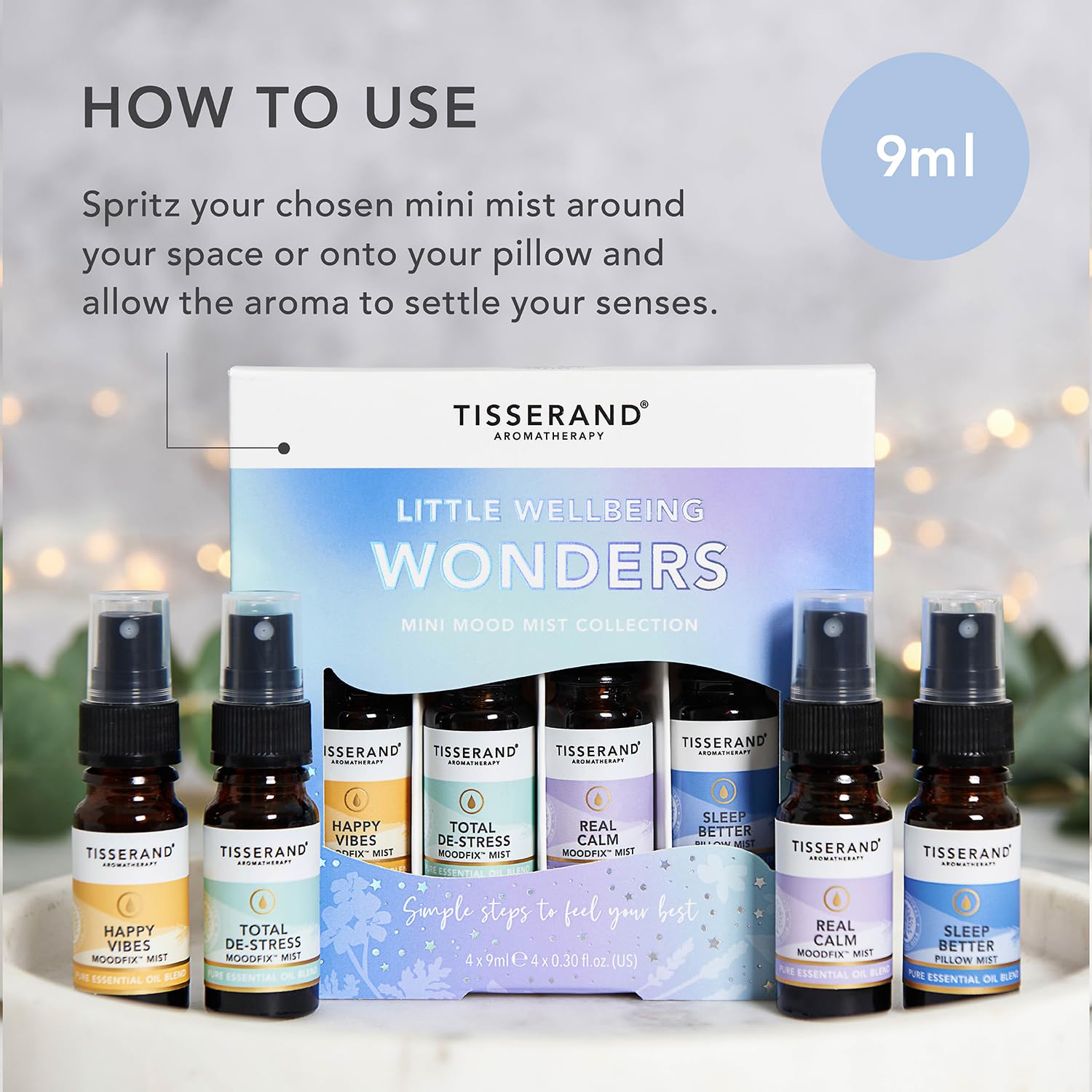 Tisserand Aromatherapy - Wellbeing - Little Wellbeing Wonders Collection - MoodFix Mist - 100% Pure Essential Oil - Miniature Mist Giftset - 4x9ml