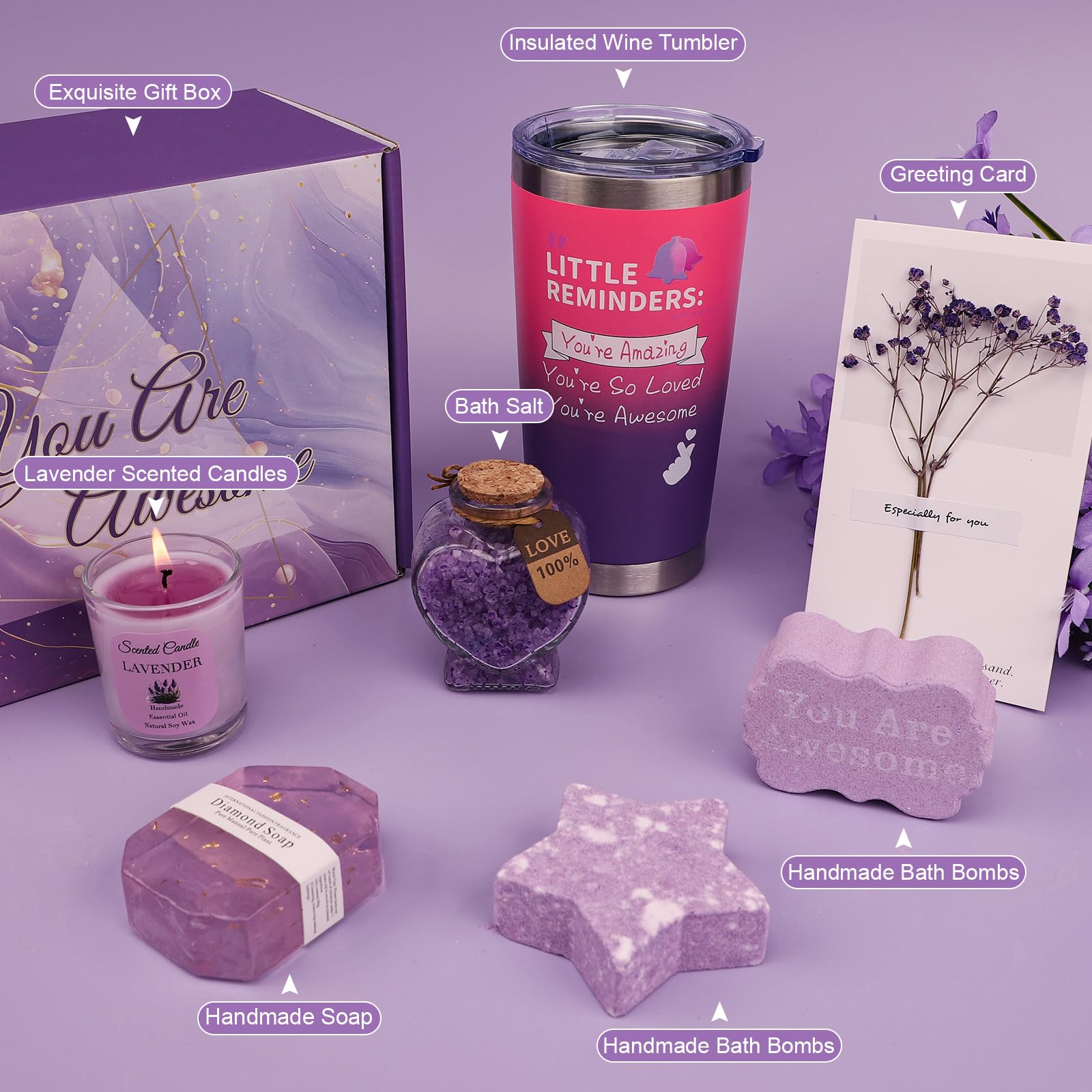 Birthday Pamper Gifts for Women, Unique Bath Sets Self Care Package for Her, Get Well Soon Relaxing Spa Present, Ladies Pamper Hamper Christmas Birthday Gifts for Mum Wife Friend (Lavender)