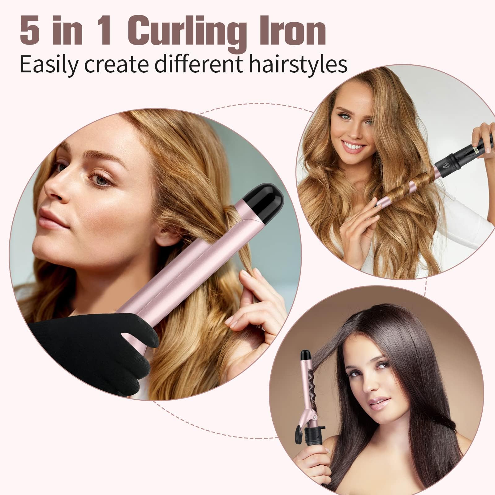 Curling Wand Curling Tongs - New Upgraded 5 in 1 Hair Curler with LCD Display and 5 Interchangeable Ceramic Barrel, Curling Iron Set for Long/Short Hair, with Adjustment Temp/Heat Resistant Glove