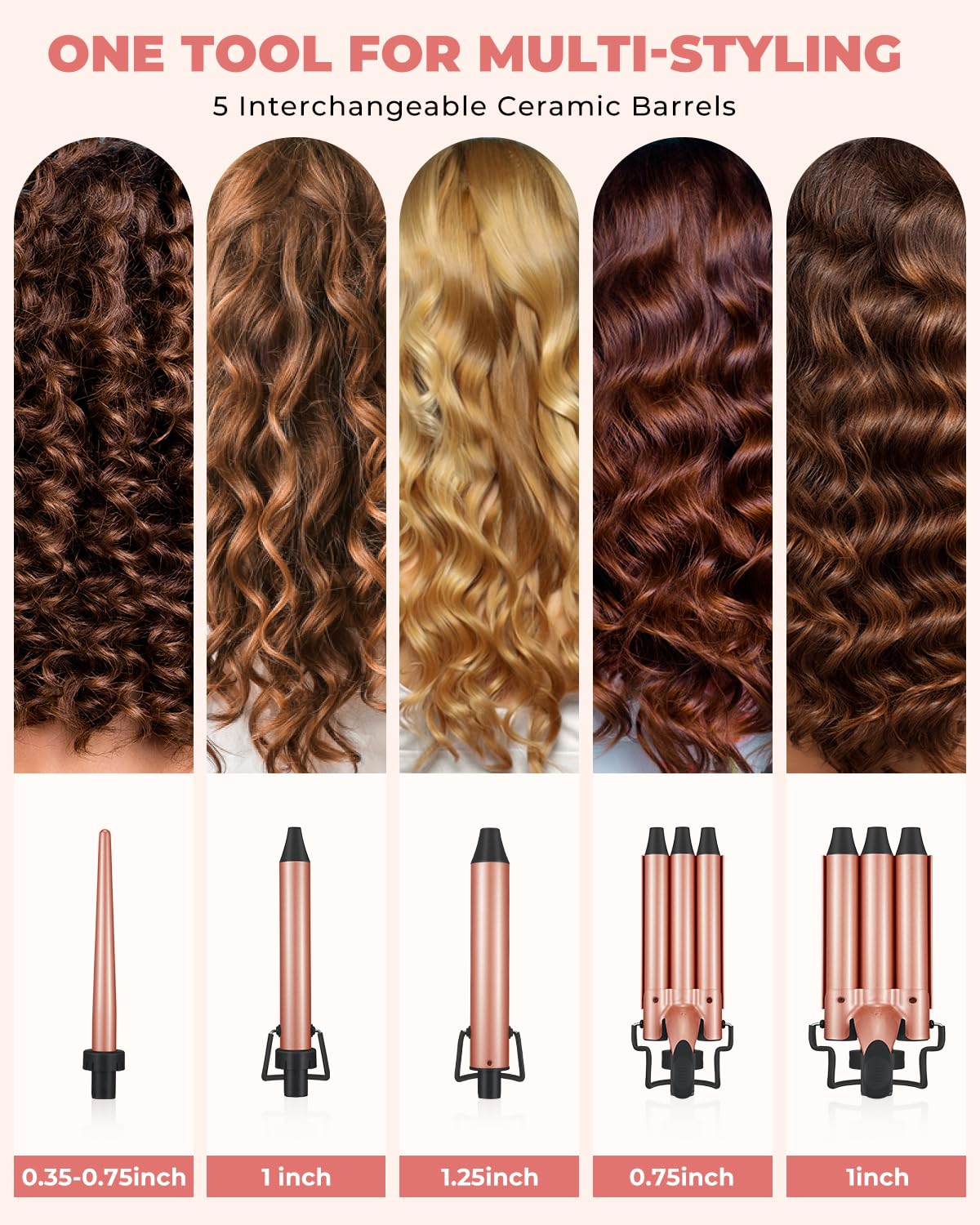 5 in 1 Hair Curler Set, Ohuhu Curling Wand with 2 Three-Barrel Curling Iron 3 Interchangeable Ceramic Barrels 0.35-1.25 Inch LED Display Temperature Adjustment Heat Protective Glove, Gift for Women