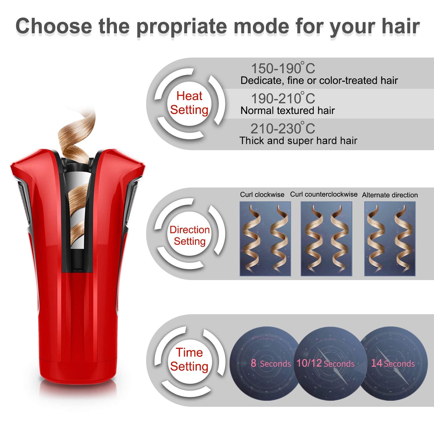 iGutech Automatic Hair Curler with Tourmaline Ceramic Heater and LED Digital red