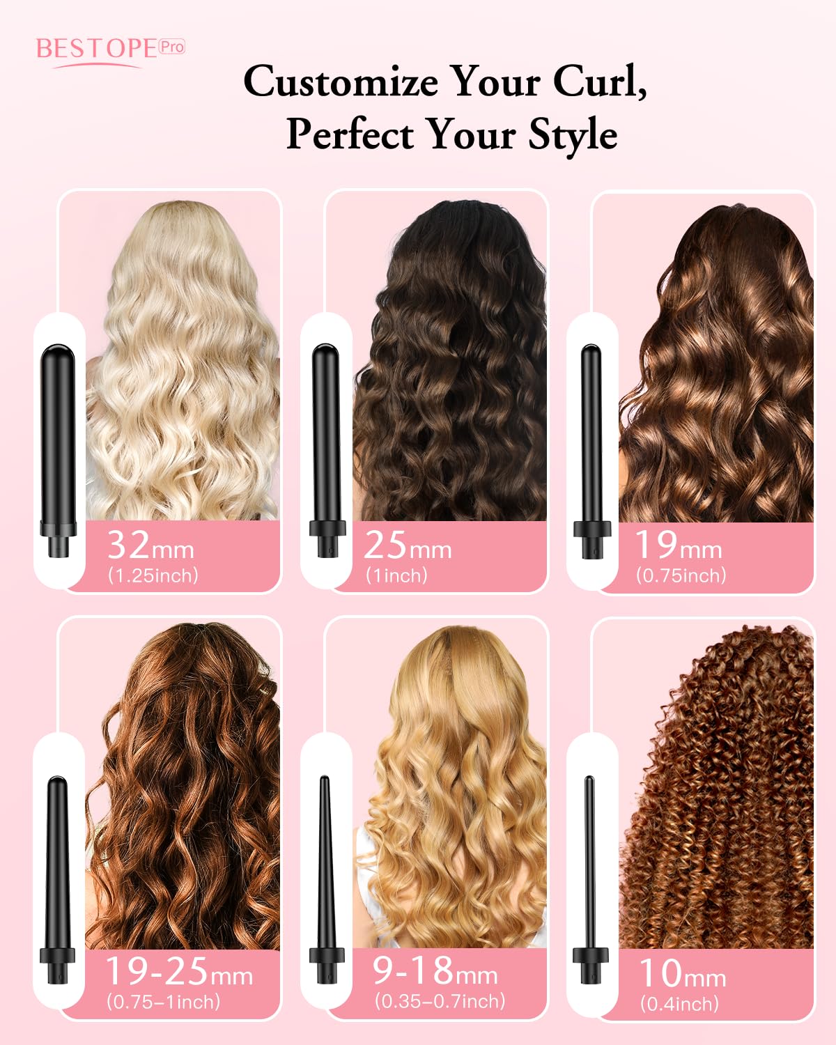 BESTOPE PRO Hair Curler 6-in-1 Curling Wand Set, Curling Iron with 2 Temperature Control, Curling Tongs with Heat-Resistant Glove and 2 Hair Clips