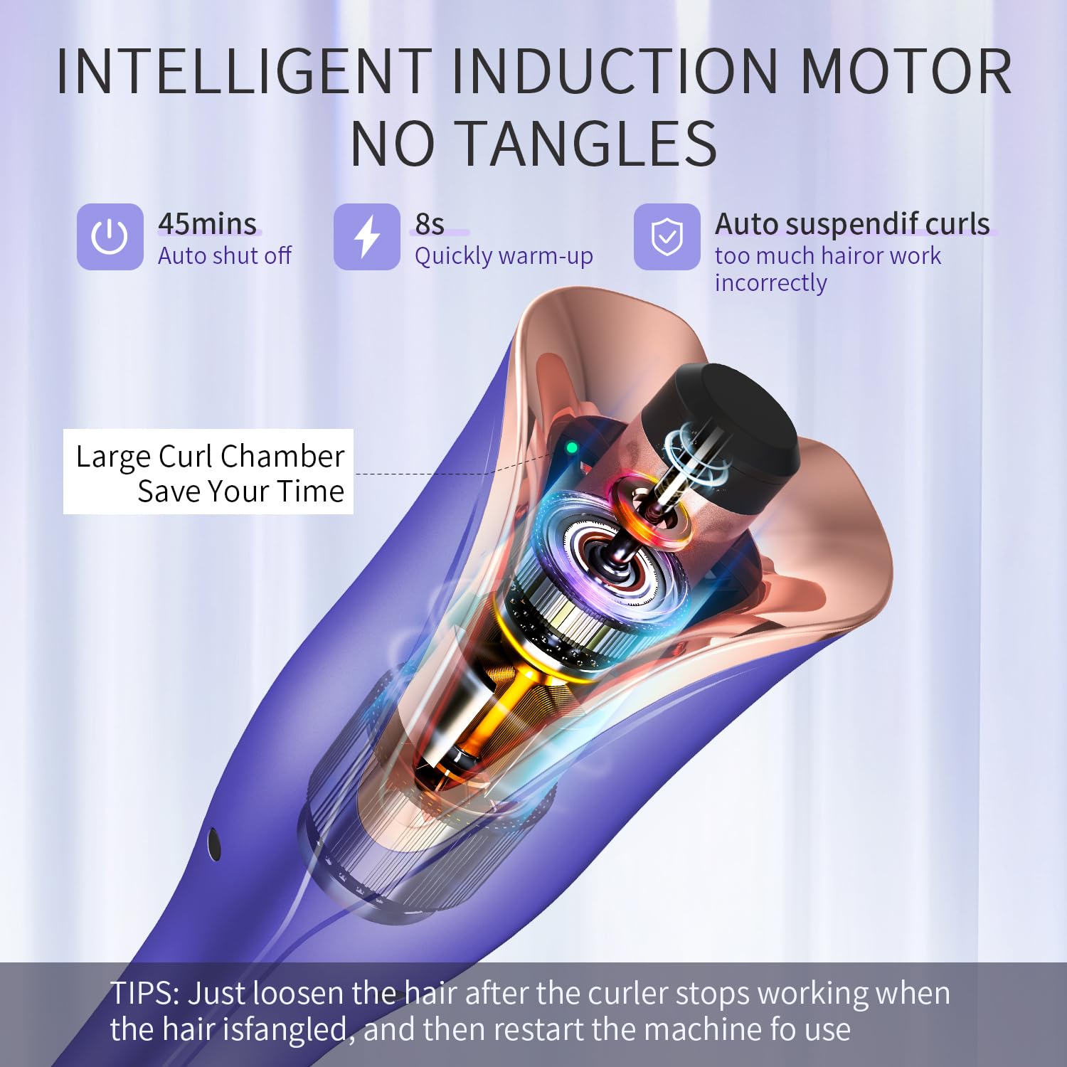Automatic Hair Curler, Curling Wand,160°-220° Adjustable Temperature,Ceramic Barrel with Anion, Fast Heating Rotating Corded Hair Curlers for Long Hair, Gift for Women(Purple&Gold)