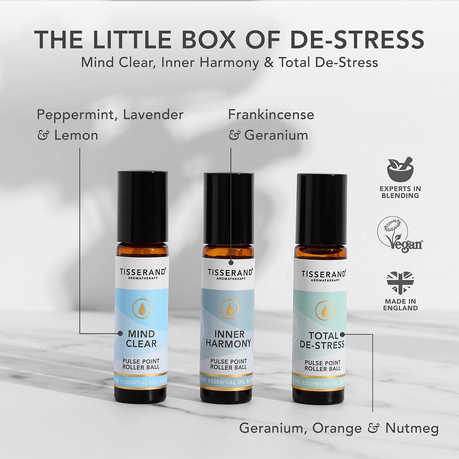 Tisserand Aromatherapy - The Little Box of De-Stress - Mind Clear, Inner Harmony, Total De-Stress - 100% Natural Pure Essential Oils - 3x10ml