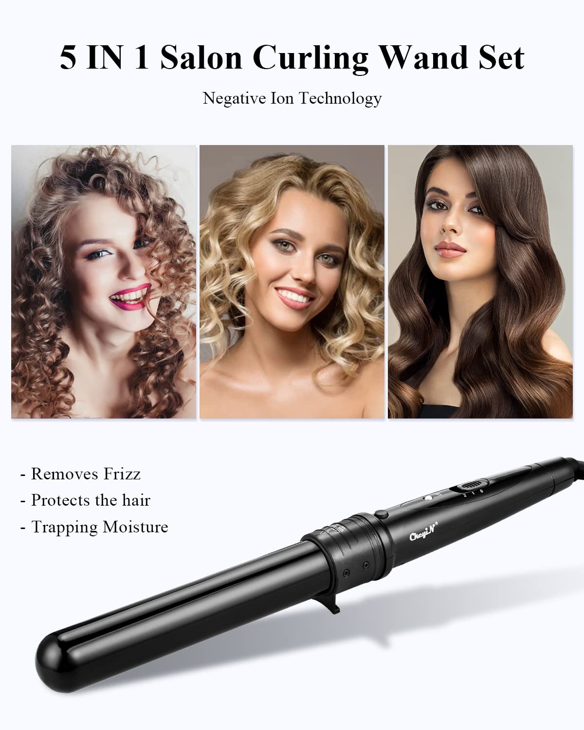 CkeyiN Ceramic Curling Wand, 5 in 1 Hair Curlers Wand with Temperature Control Professional Hair Curler for Long Short Thick Fine Hair with Heat Resistant Glove Curing Tong