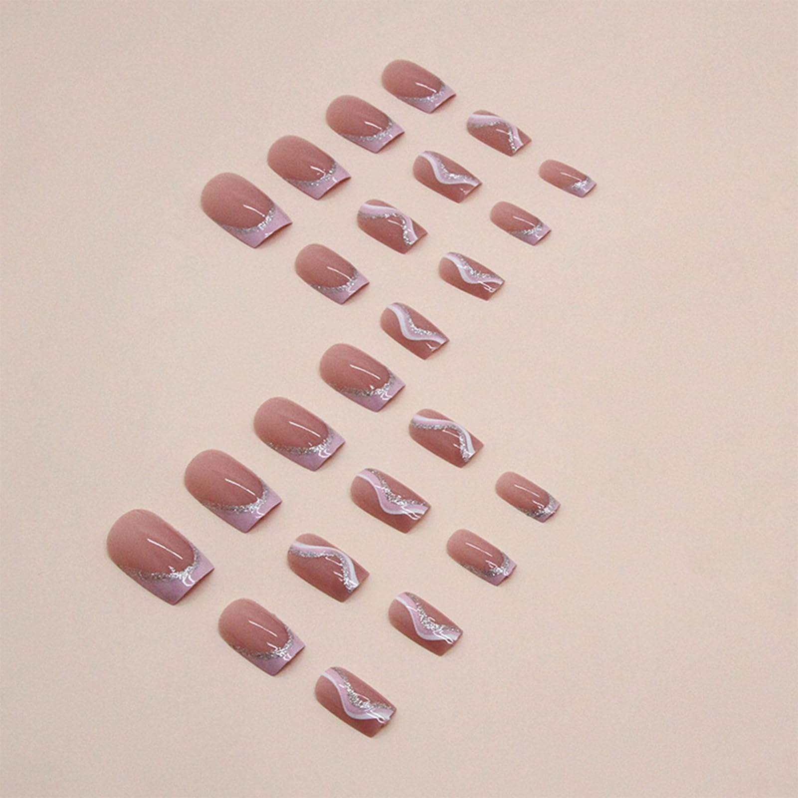 24pcs Square False Nails Medium Length Pink French Tip Stick Press on Nails Glitter Silver Swirl Line Fake Nails Removable Glue-on Acrylic Full Cover Nails Women Girls Nail Art Accessories