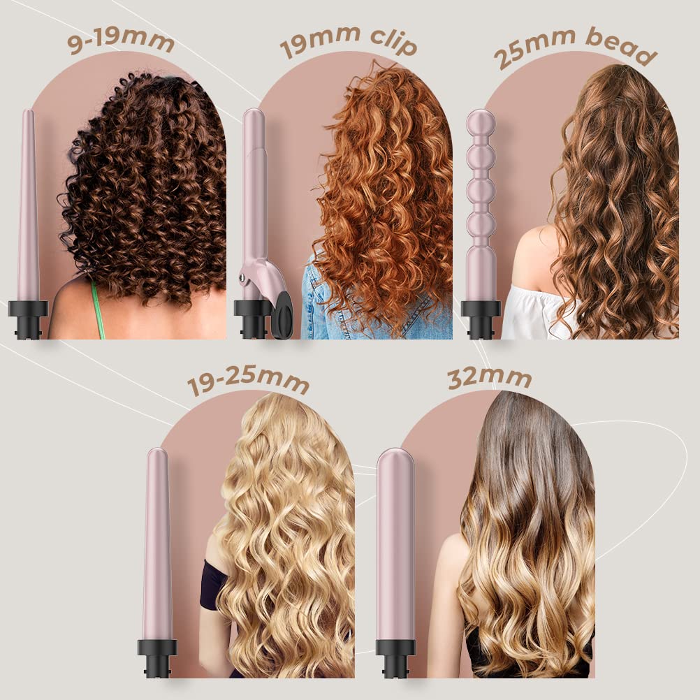 Hair Curling Wand Iron Tongs, 5 in 1 Hair Curler for Long Hair 10mm-32mm with 2 Crocodile Clips 1 Anti-Scald Silicone Gloves, PTC Ceramic LCD 180°C & 210°C