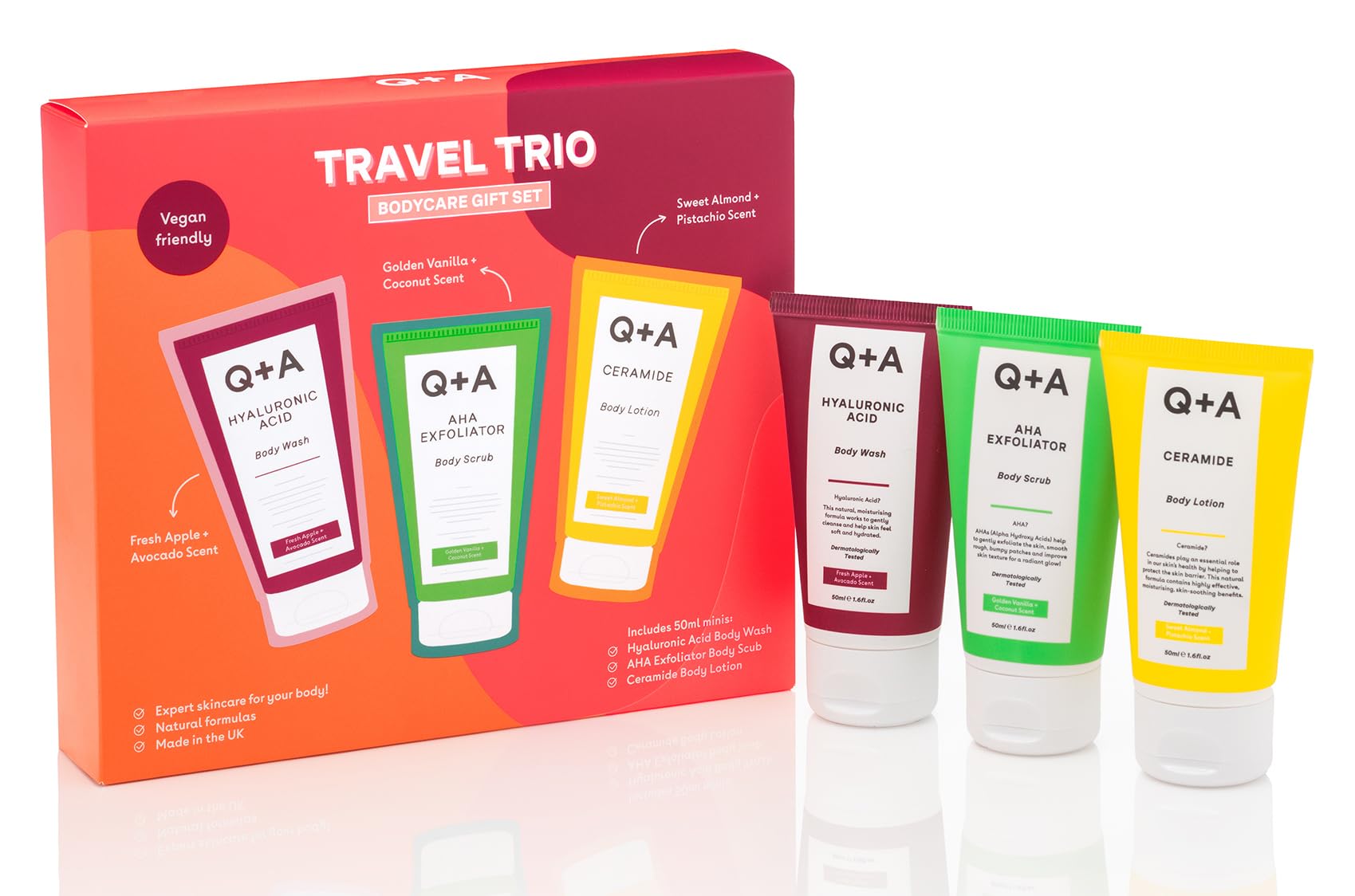 Q+A Travel Trio Body Care Giftset, containing a Hyaluronic Acid Body Wash, AHA Exfoliator Body Scrub, and a Ceramide Body Lotion, each item 50ml