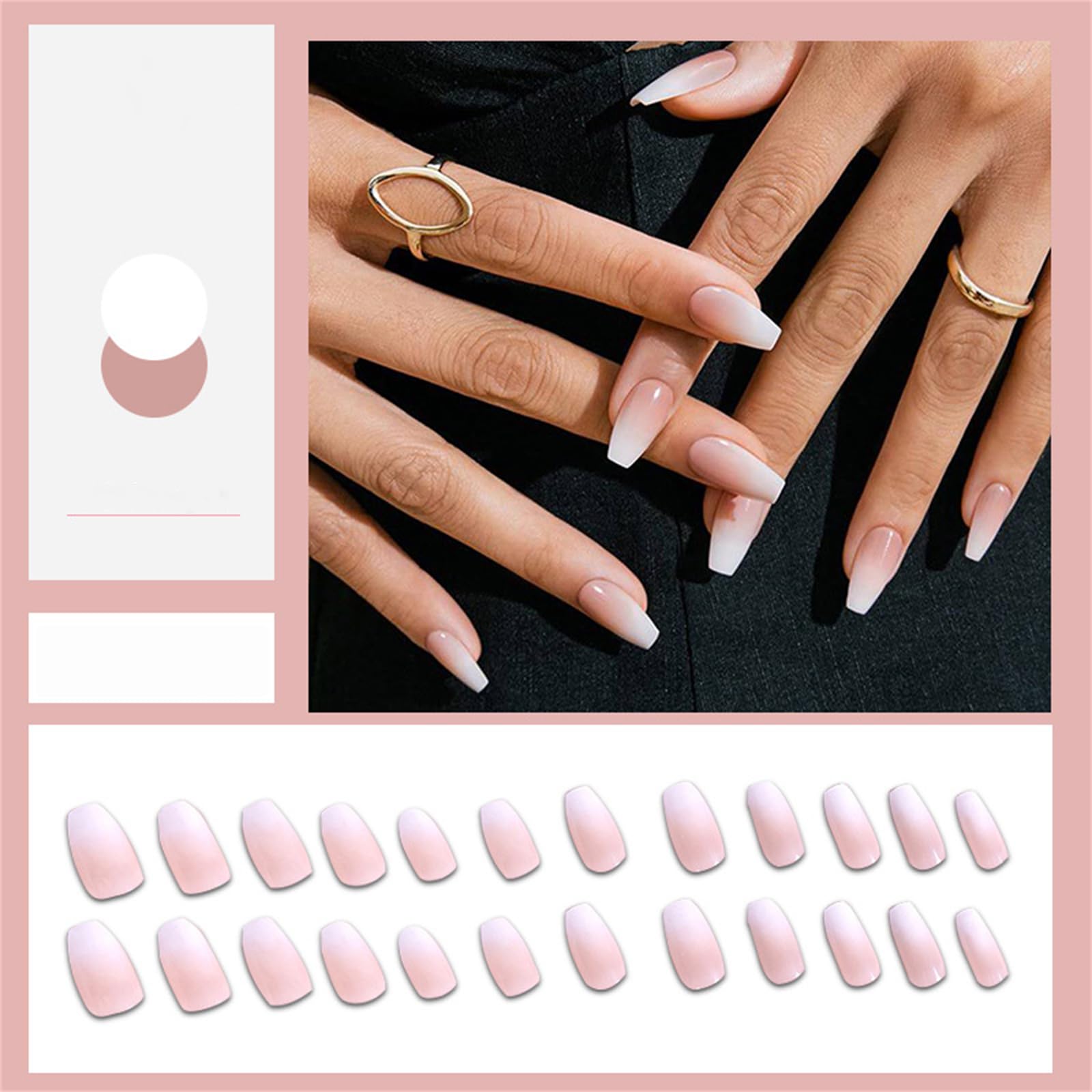 Coffin False Nails Long, 24Pcs White gradient French Fake Nails, Ballerina Press on Nails,Nude French Nail Tips with Nail Glue, Artificial Finger Manicure for Women and Girls