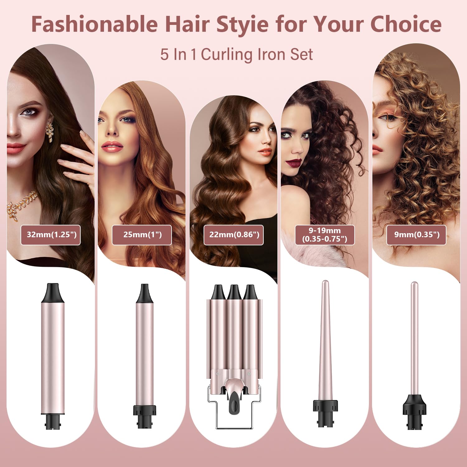 Hair Curler, LAYADO 5 in 1 Curling Wand Set with 3 Barrel Hair Waver and 4 Interchangeable Ceramic Curling Tongs 9-32MM, Two Temperature Adjustments Curling Iron for Long Medium Short Hair