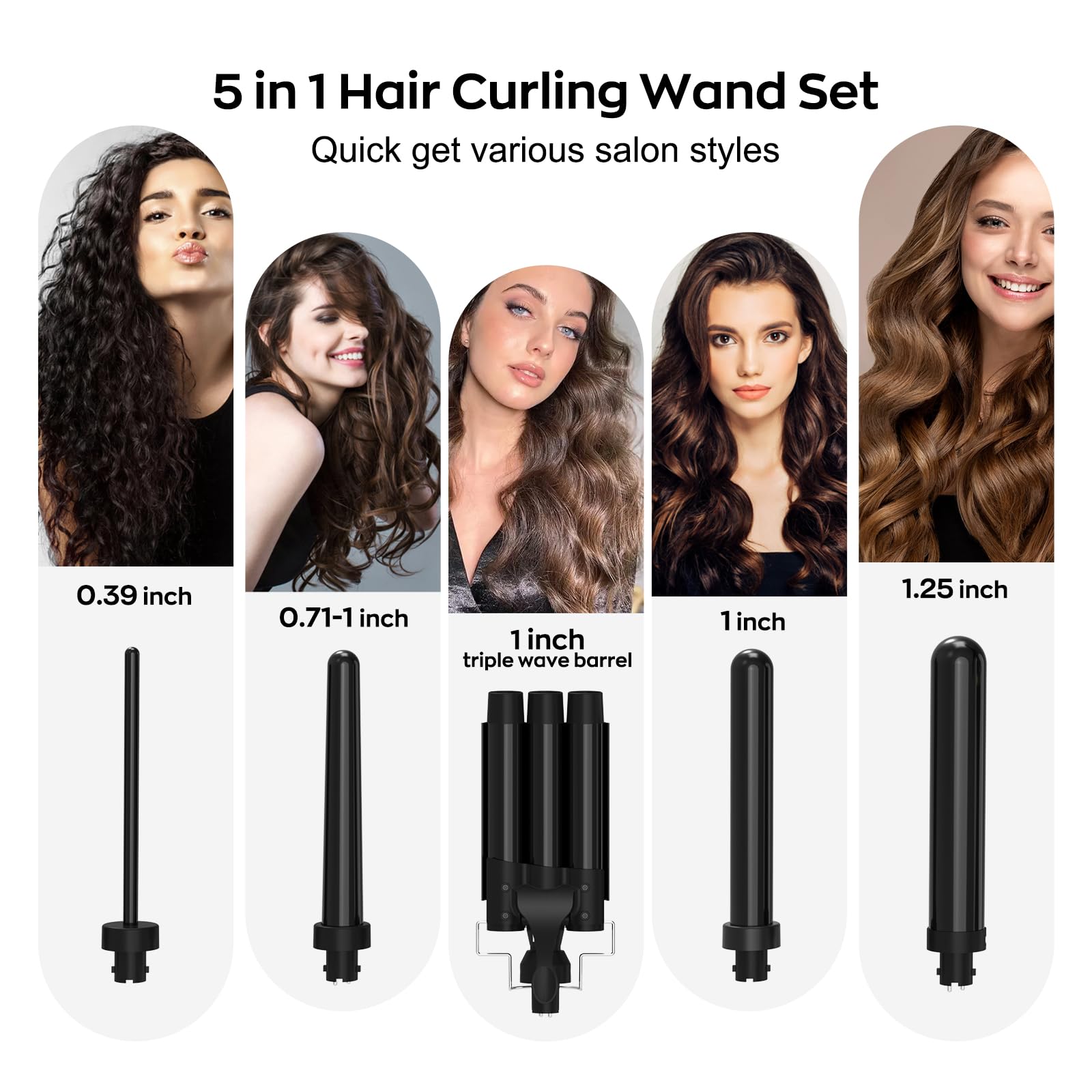janelove Hair Curler 5 in 1 Curling Wand Set with 3 Barrel Hair Waver and 4 Interchangeable Ceramic Curling Iron 10-32mm for Long Medium Short Hair