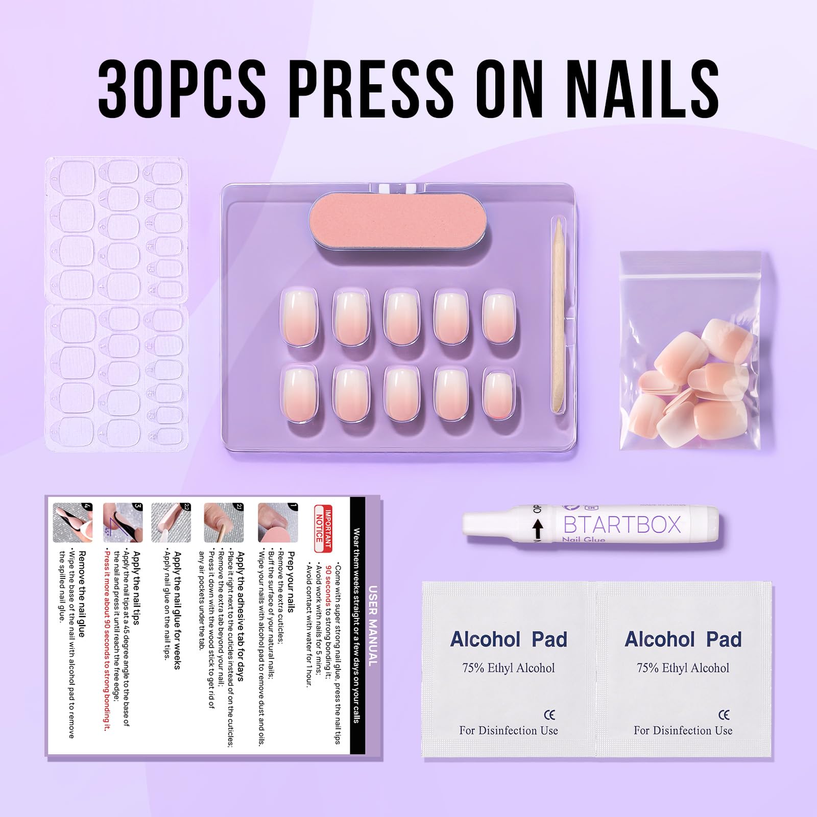 BTArtbox Press On Nails Short - 30 Pcs Ombre False Nails with Glue, Square Soft Gel Fake Nails in 15 Sizes, Natural & Reusable Stick on Nails for Women, Vanilla Cream