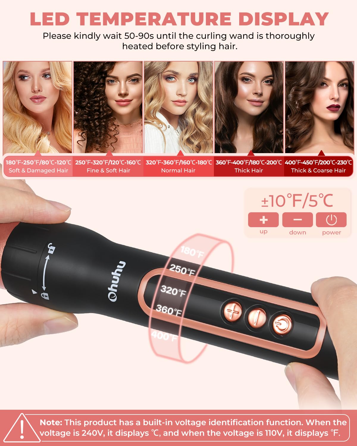 5 in 1 Hair Curler Set, Ohuhu Curling Wand with 2 Three-Barrel Curling Iron 3 Interchangeable Ceramic Barrels 0.35-1.25 Inch LED Display Temperature Adjustment Heat Protective Glove, Gift for Women