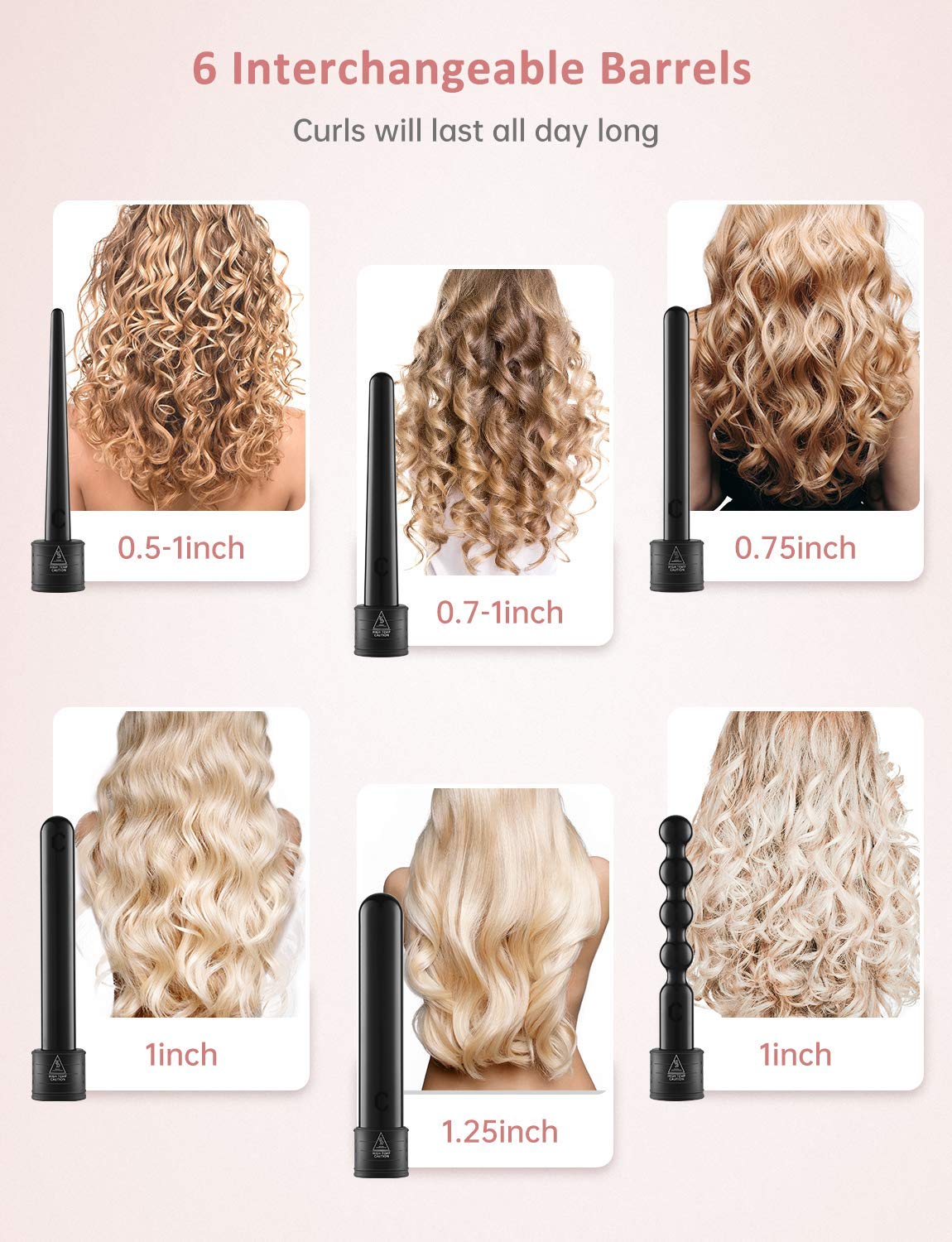 LOETAD Curling Wand Tong Hair Curlers Set 6 in 1 Curling Irons with PTC Ceramic Barrels LCD 80°C-230°C Temperature Control