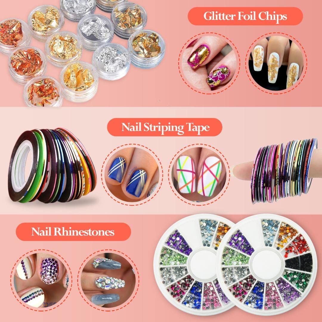 Nail Art kit Accessories, 15pcs Nail Art Brushes, Tools, Nail Pen designing Dotting, Colourful Nail foil, Stripping Manicure Tape, Rhinestone, Nail Glitter Powder, Nail File, Supplies In Nail Art Set