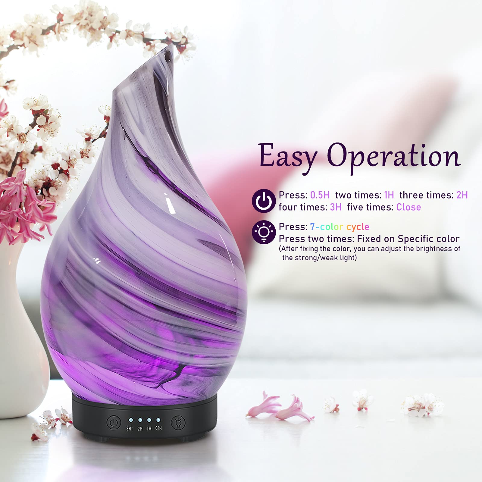 Essential Oil Diffuser Aroma Ultrasonic Diffuser, Night Light with Handmade Glass, 7 Color Changing Led Lights and Waterless Auto-Off, 4 Timer Setting 120 ML for Home Office Spa, Bpa Free (Grey)