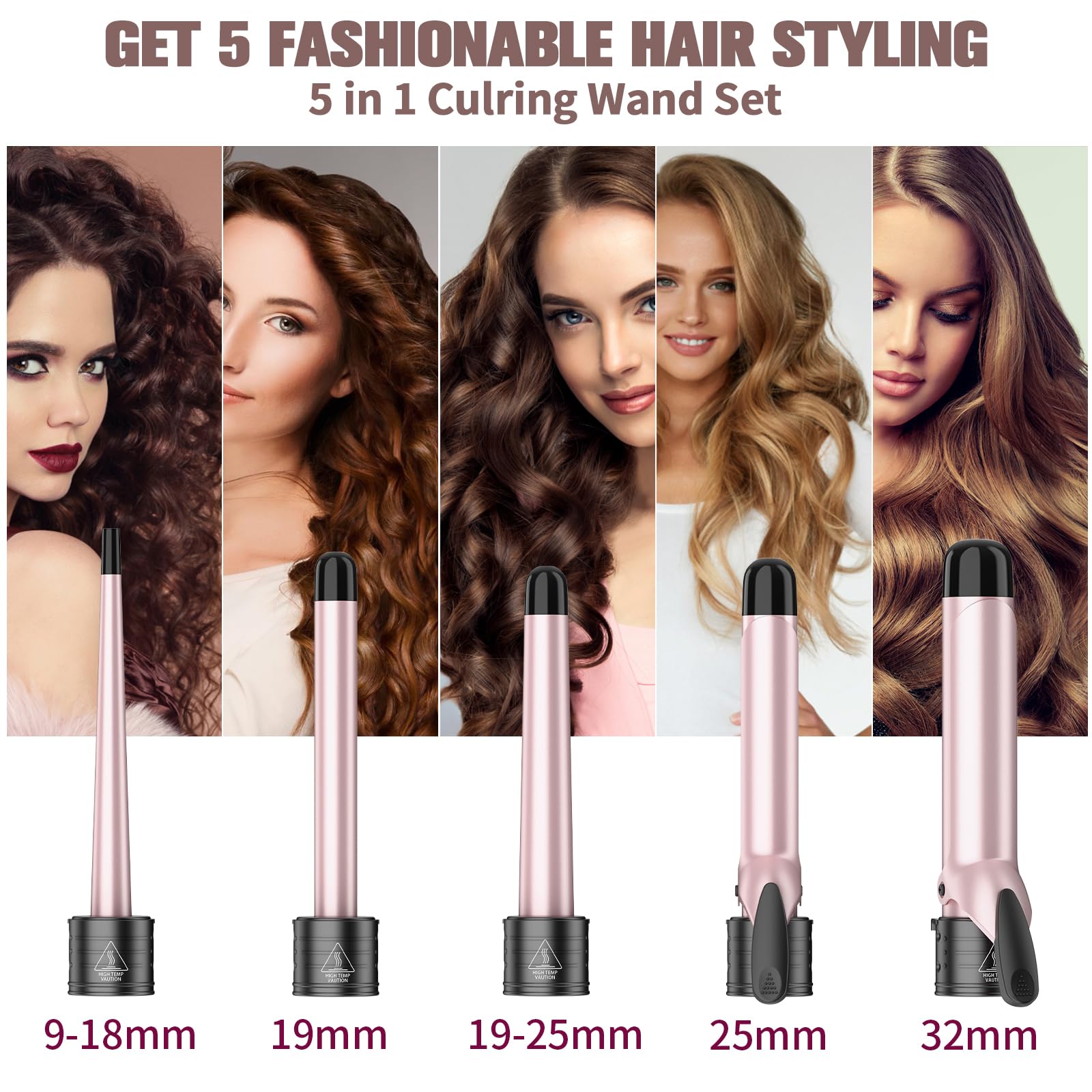 Curling Wand Curling Tongs - New Upgraded 5 in 1 Hair Curler with LCD Display and 5 Interchangeable Ceramic Barrel, Curling Iron Set for Long/Short Hair, with Adjustment Temp/Heat Resistant Glove