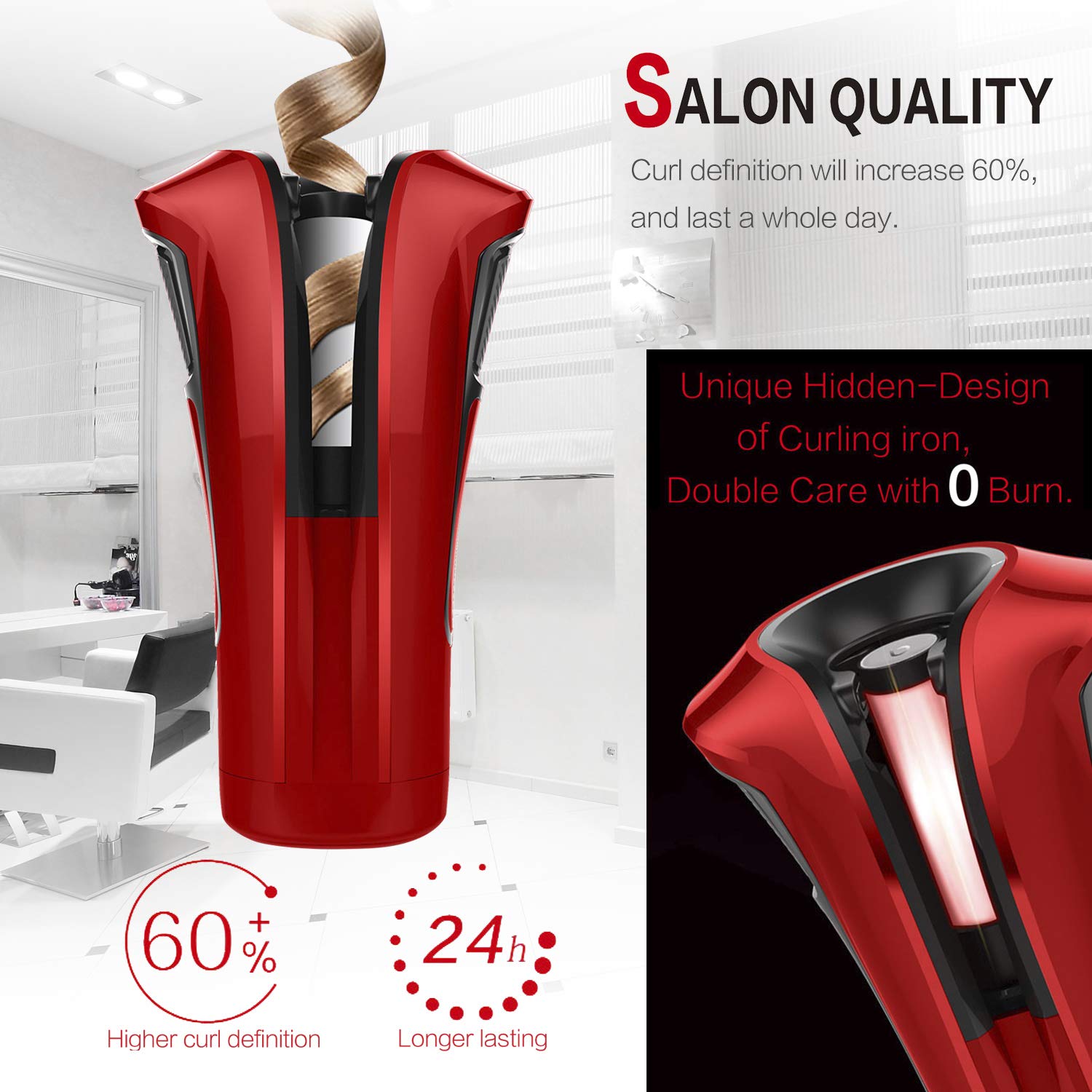 iGutech Automatic Hair Curler with Tourmaline Ceramic Heater and LED Digital red