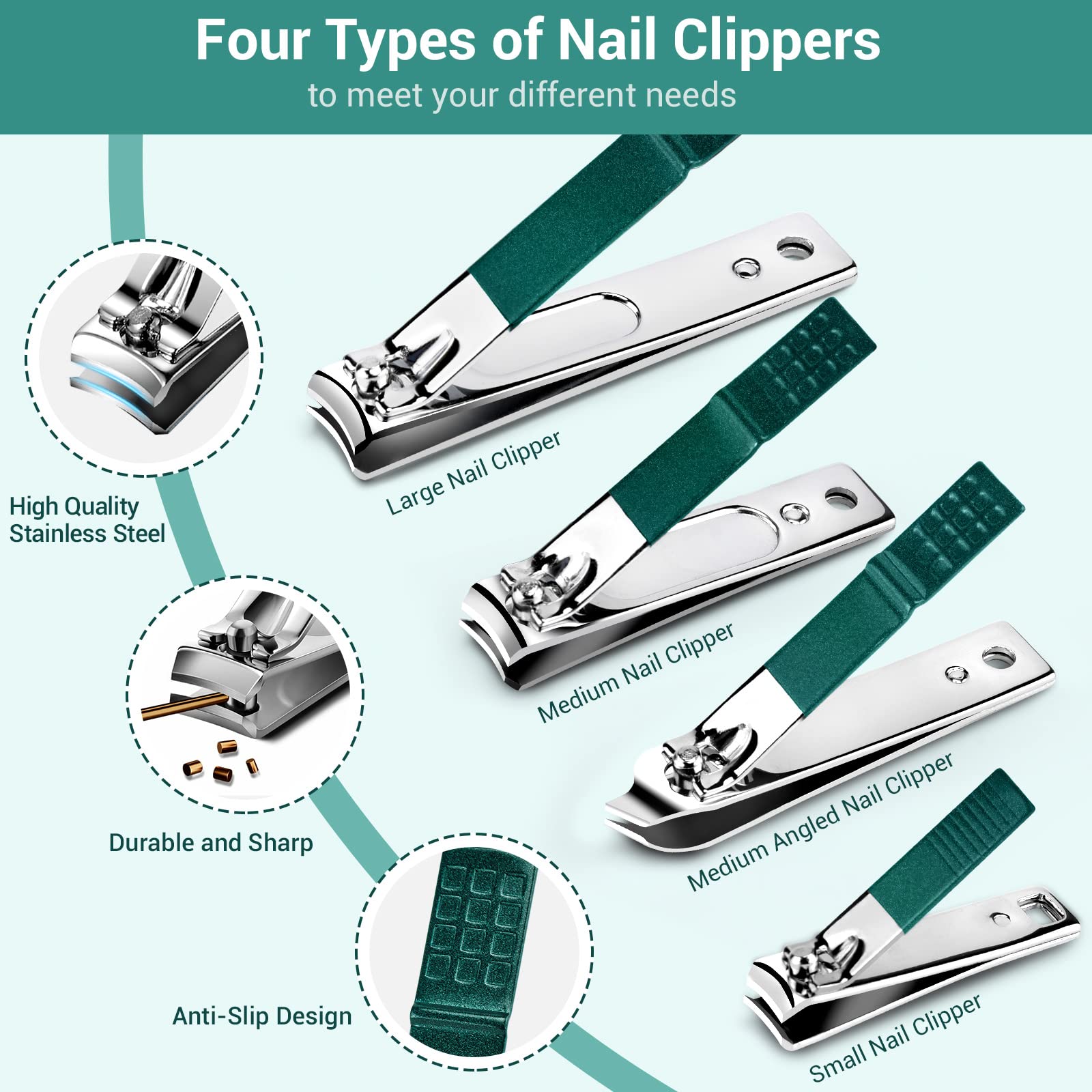 Nail Clippers Manicure Set DUAIU 12PCs Professional Nail Clipper Set Stainless Steel Pedicure Kit for Men Women Nail Care Tools Grooming Kit with Travel Case (Green)