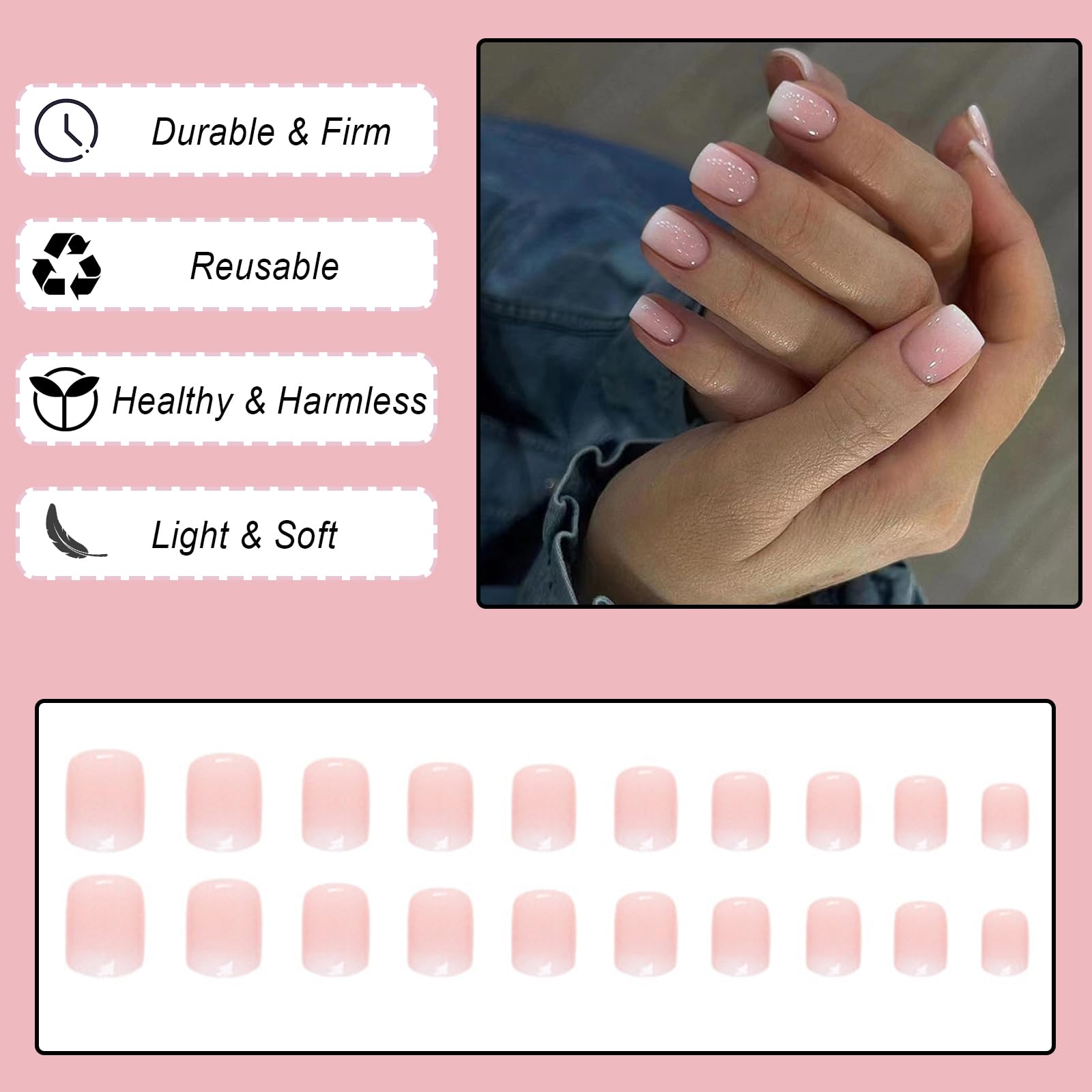 24pcs French False Nails Pink White Tip Short Square Press on Nails Gradient Acrylic Full Cover Stick on Nails with Design Elegant Fake Nails Women Girls Nail Art Accessories