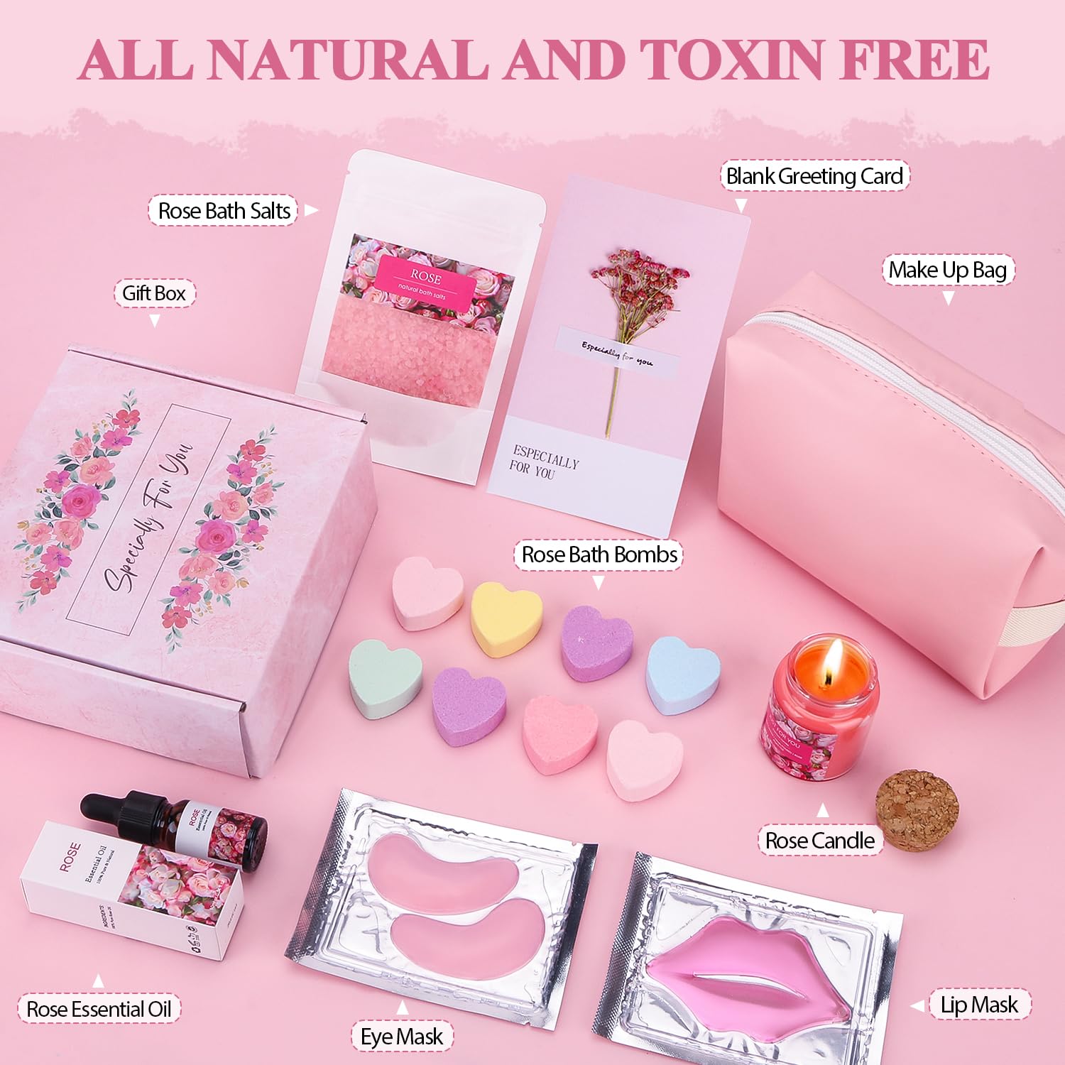 Rose Birthday Pamper Gifts for Women, Relaxation Pamper Hampers Kit Self Care Package for Her, Ladies Pamper Sets for Women Gifts Birthday Present Ideas for Women Best Friend Bestie Sister Mum Girl