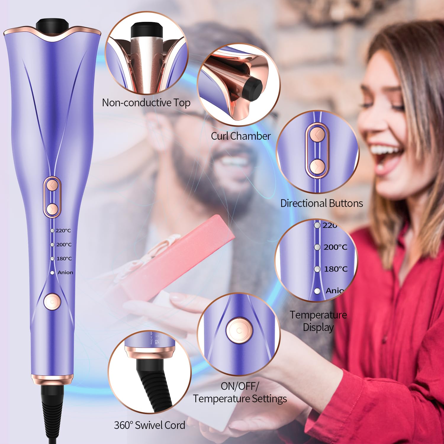 Automatic Hair Curler, Curling Wand,160°-220° Adjustable Temperature,Ceramic Barrel with Anion, Fast Heating Rotating Corded Hair Curlers for Long Hair, Gift for Women(Purple&Gold)