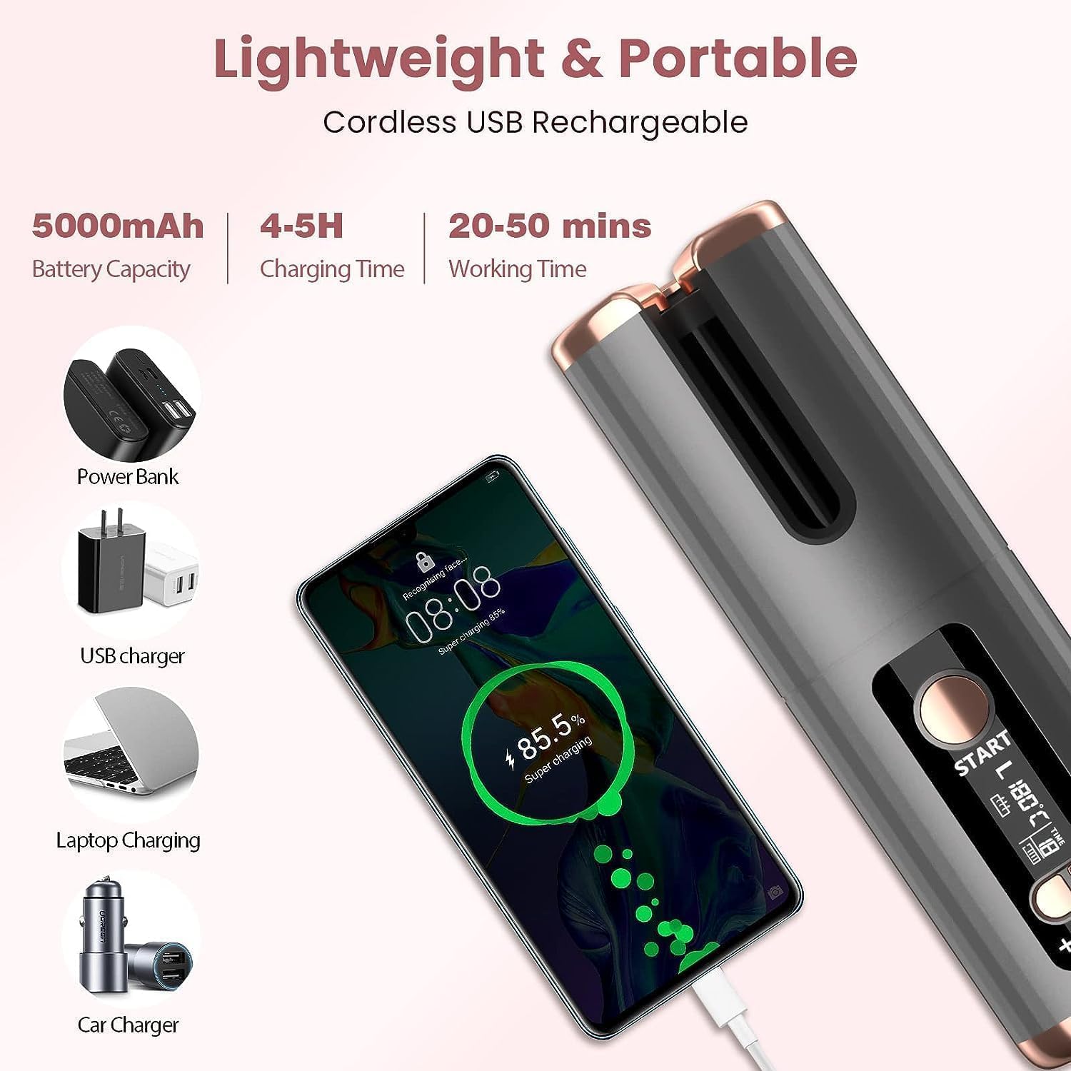 Automatic Hair Curler, Cordless Curling Iron 5000mAh Rechargeable Hair Tongs Negative Ion Protection 6 Adjustable Temperature & Timer PTC Ceramic Hair Curling Anti-Tangle w/Bag for Travel Home Use