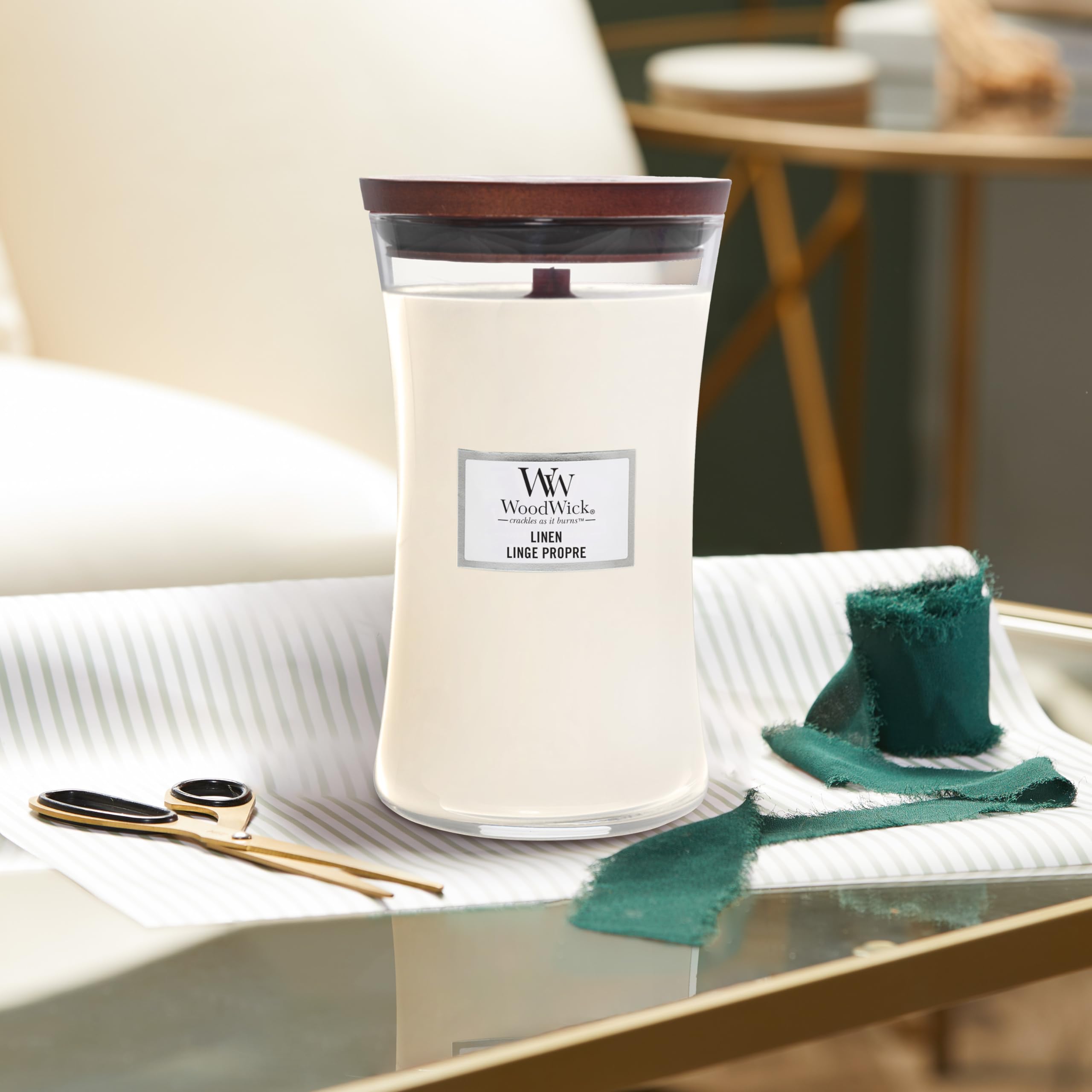 WoodWick Large Hourglass Scented Candle | Linen | with Crackling Wick | Burn Time: up to 130 Hours