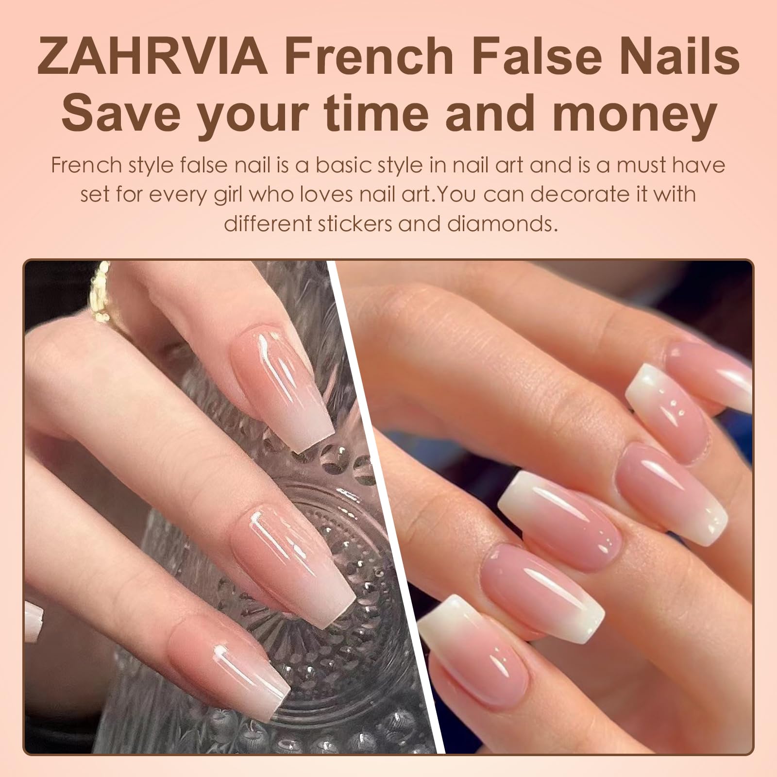 ZAHRVIA 120 Pcs French False Nails - White Pink Press on Nails - Full Cover False Nails Square Stick on Nails - French Short Square Acrylic False Nails (Gradient White Pink)