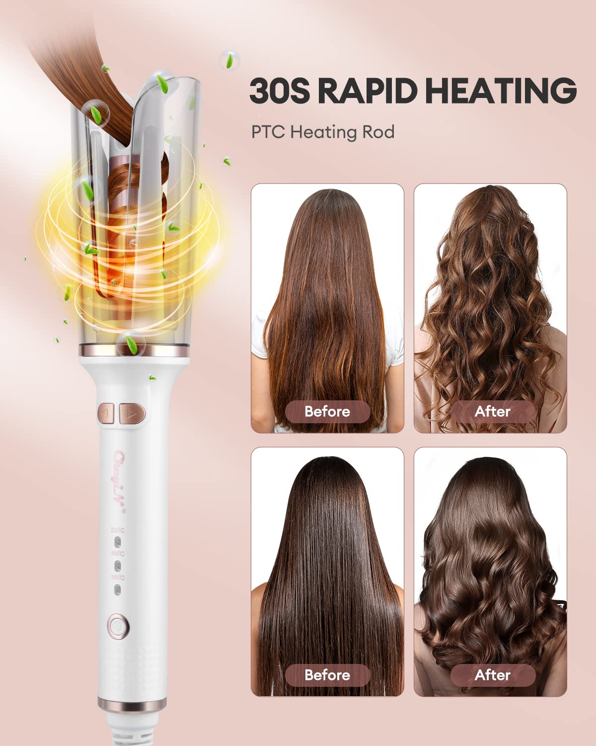 CkeyiN Automatic Hair Curler, 25mm Automatic Curling Iron Negative Ion Protection with 3-Speed Adjustable Temperature, Ceramic Rotating Curling Tongs 30s Fast Heating, Anti-Tangle for All Hair