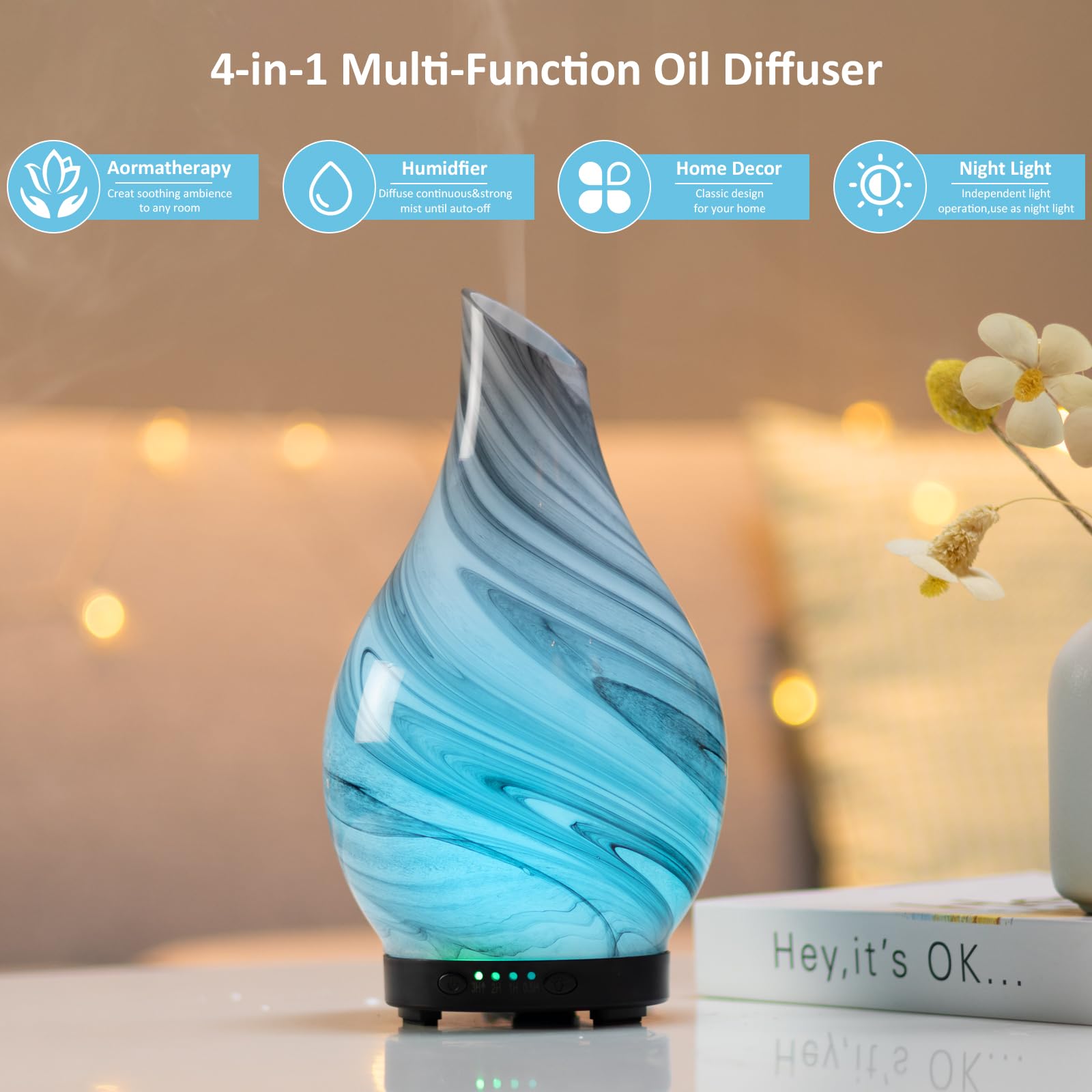 Essential Oil Diffuser Aroma Ultrasonic Diffuser, Night Light with Handmade Glass, 7 Color Changing Led Lights and Waterless Auto-Off, 4 Timer Setting 120 ML for Home Office Spa, Bpa Free (Grey)