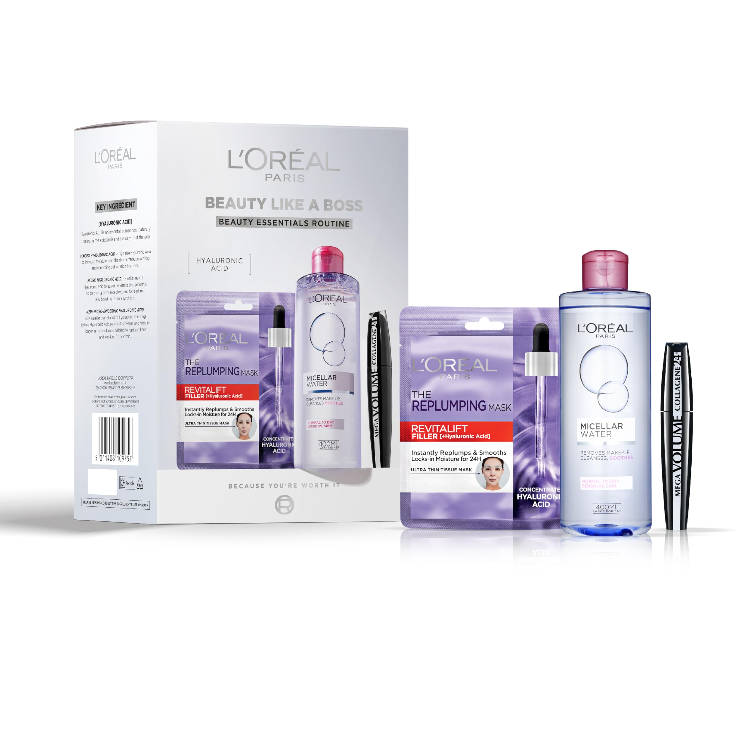 L'Oréal Paris Beauty Like A Boss Gift Set - Revitalift Filler Hyaluronic Acid Mask, Micellar Water & Mega Volume Mascara Brush