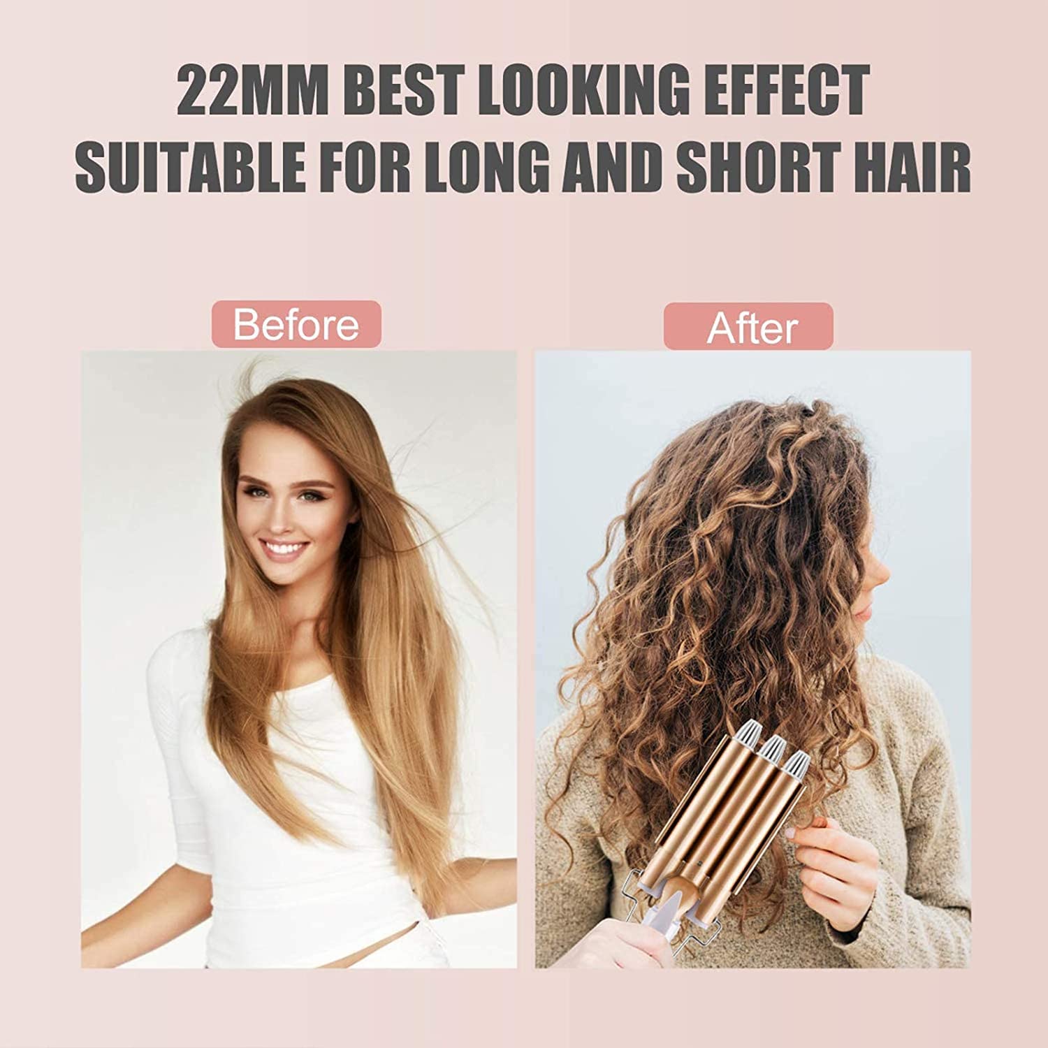 DazSpirit 3 Barrel Hair Wavers for Long/Short Hair, 22 mm Hair Curler Mermaid Hair Waver with 2 Temperature Control, Waver Curling Wand for Hair Styling Appliances