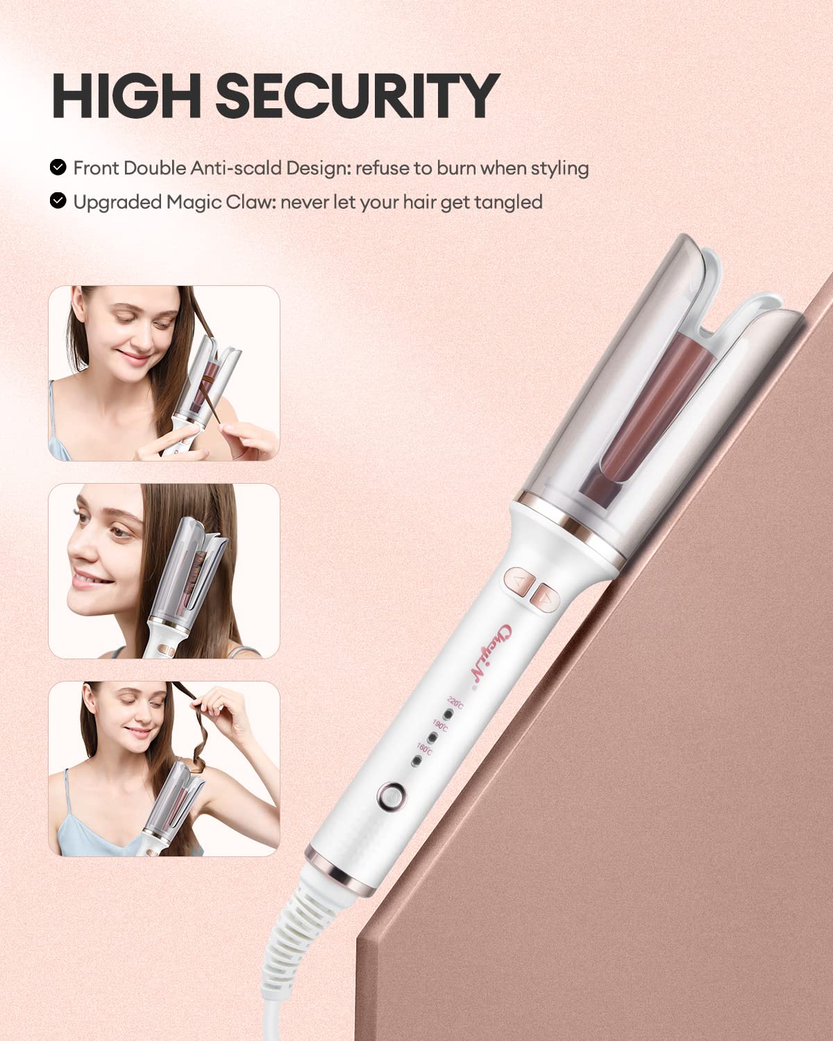 CkeyiN Automatic Hair Curler, 25mm Automatic Curling Iron Negative Ion Protection with 3-Speed Adjustable Temperature, Ceramic Rotating Curling Tongs 30s Fast Heating, Anti-Tangle for All Hair