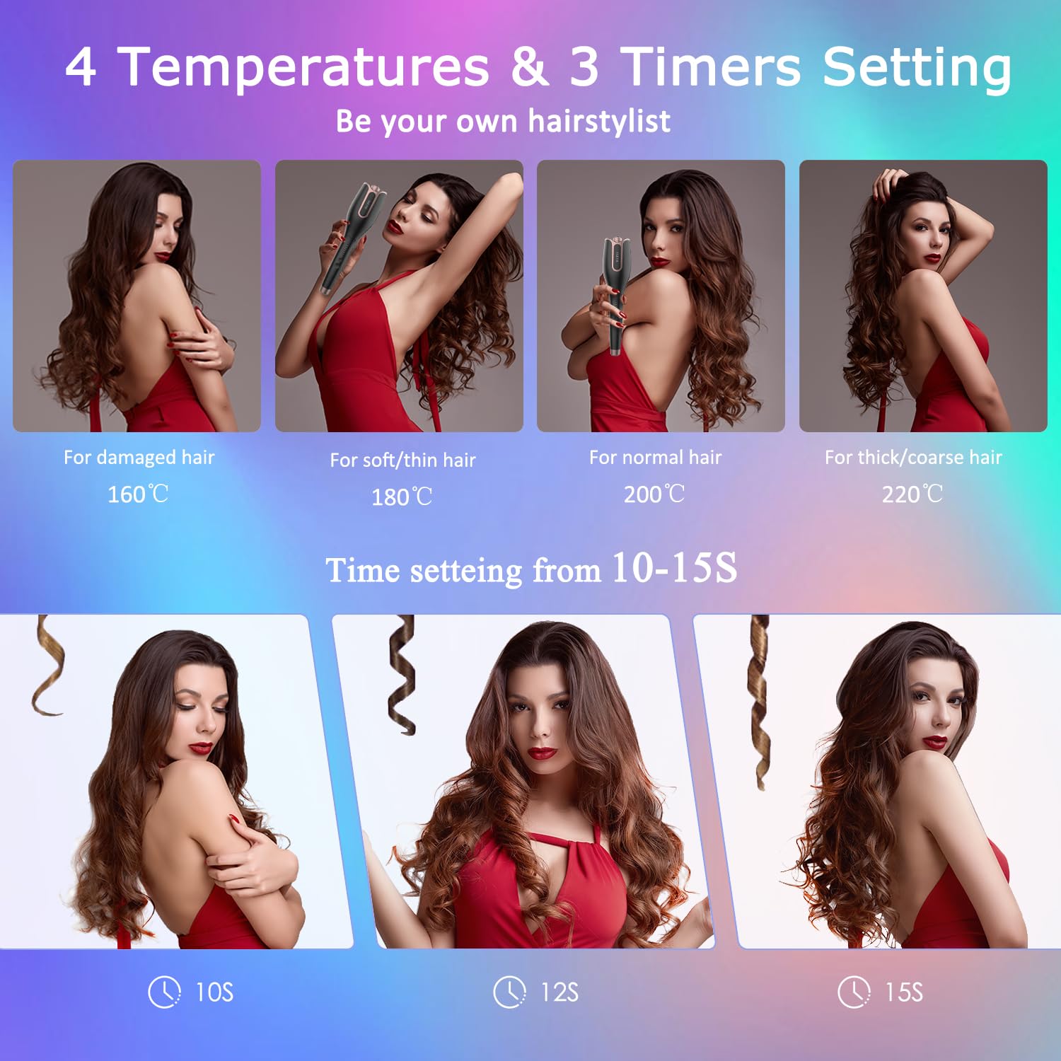 BUJIYI Hair Curler, Curling Wand, Curling Tongs, 4-Speed Adjustable Temperature, Fast Heating Hair Curlers for Long Hair