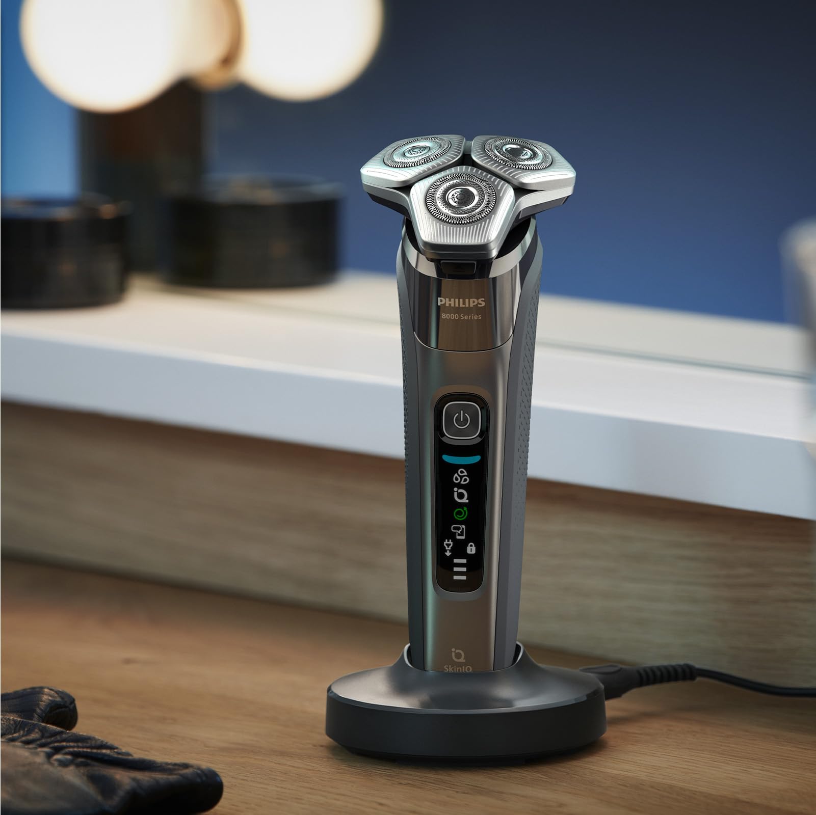 Philips Shaver Series 8000 - Wet & Dry Electric Shaver with SkinIQ Technology in Dark Chrome with 1 x Pop-up Trimmer, Charging Stand, P-Cap, Cleaning Brush and Nose Trimmer (Model S8697/23)